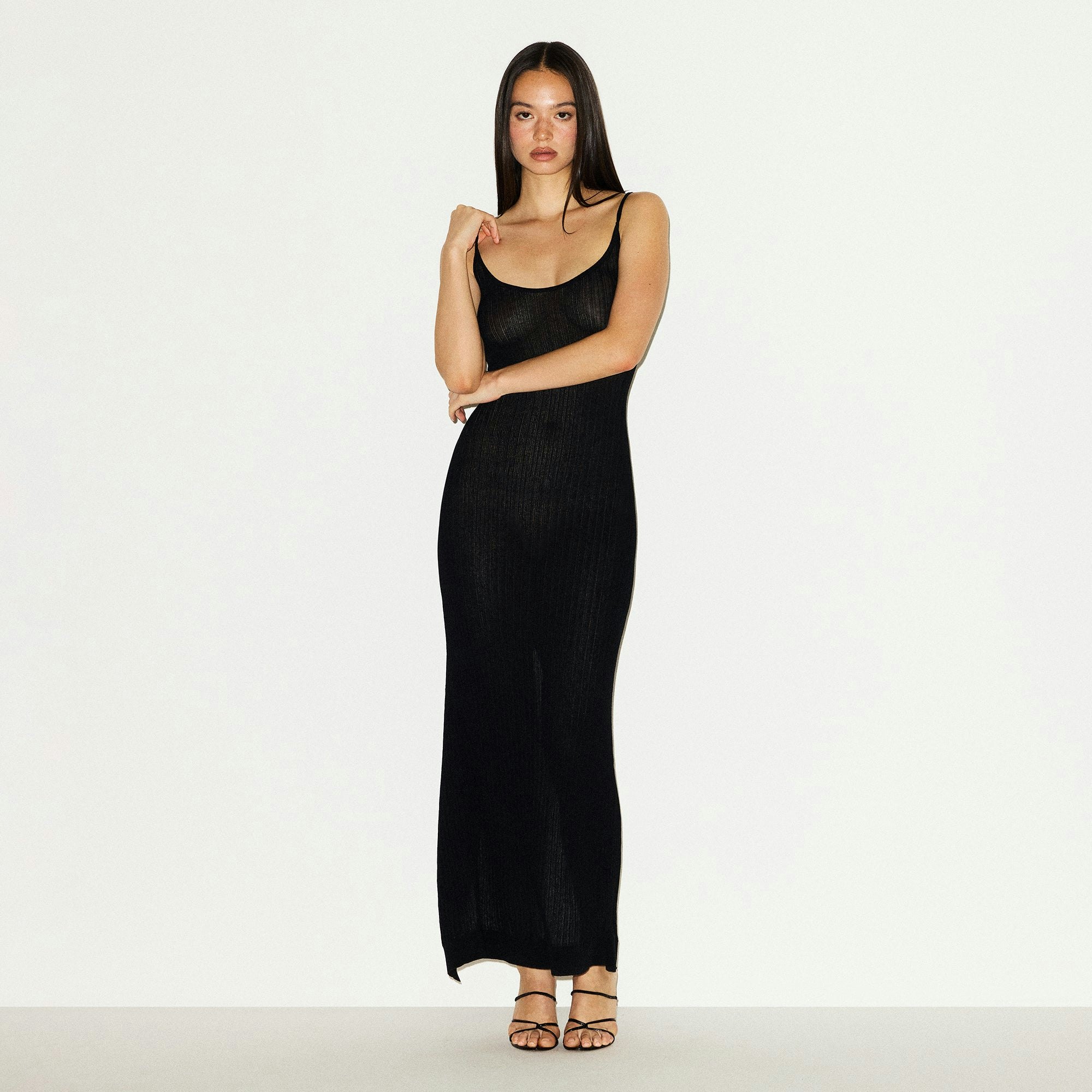 SHEER KNIT LONG CAMI DRESS | ONYX ON A MODEL FRONT VIEW @ | FOCUS: 0.0, 1.0, 0.9