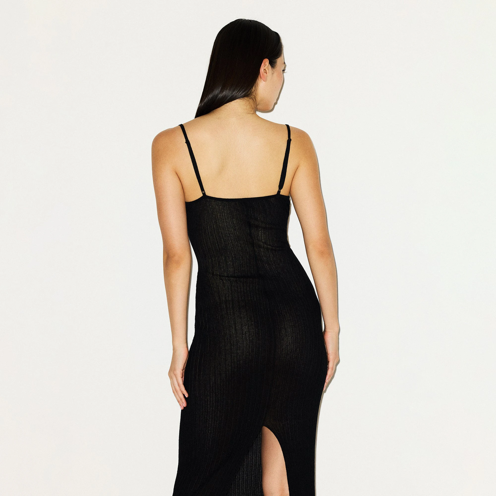 SHEER KNIT LONG CAMI DRESS | ONYX ON A MODEL BACK VIEW @ | FOCUS: 0.0, 1.0, 0.9
