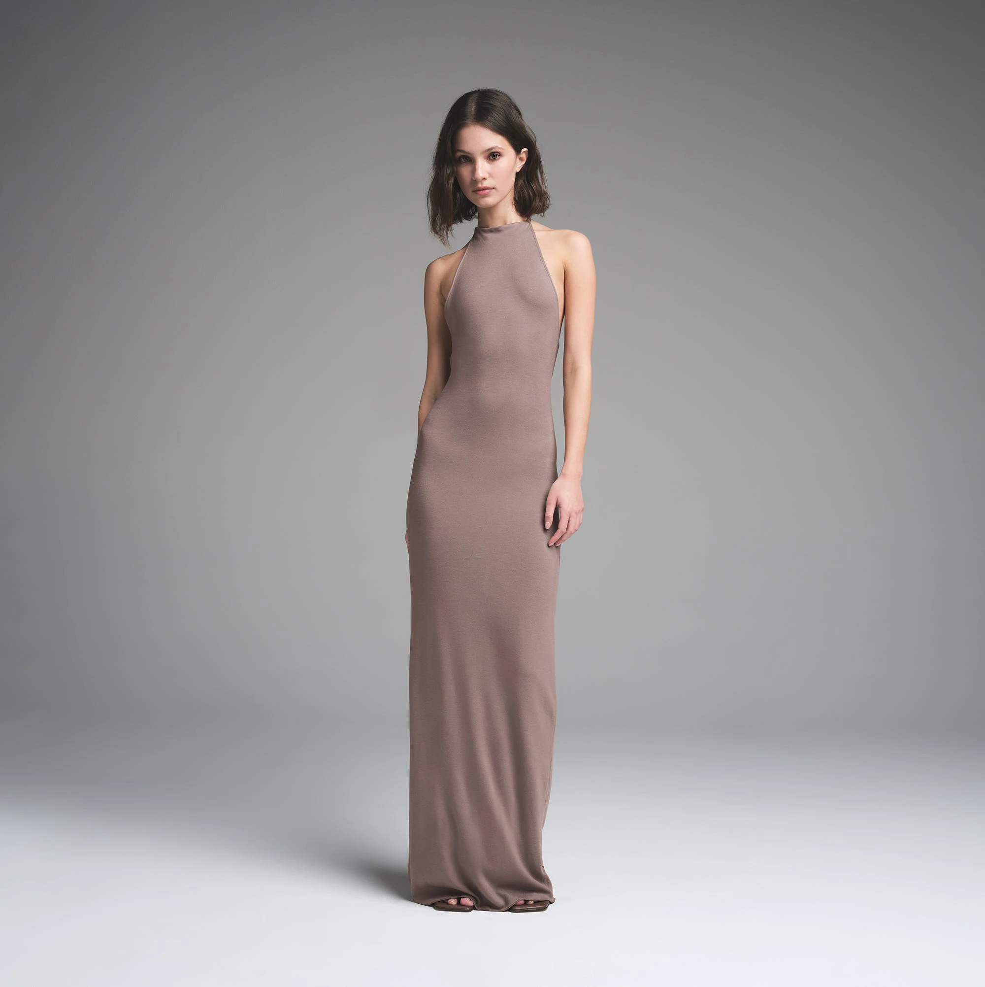 SKIMS CLOUD HALTER LONG DRESS | AMETHYST ON A MODEL FRONT VIEW | FOCUS: 0.0, 1.0, 0.9