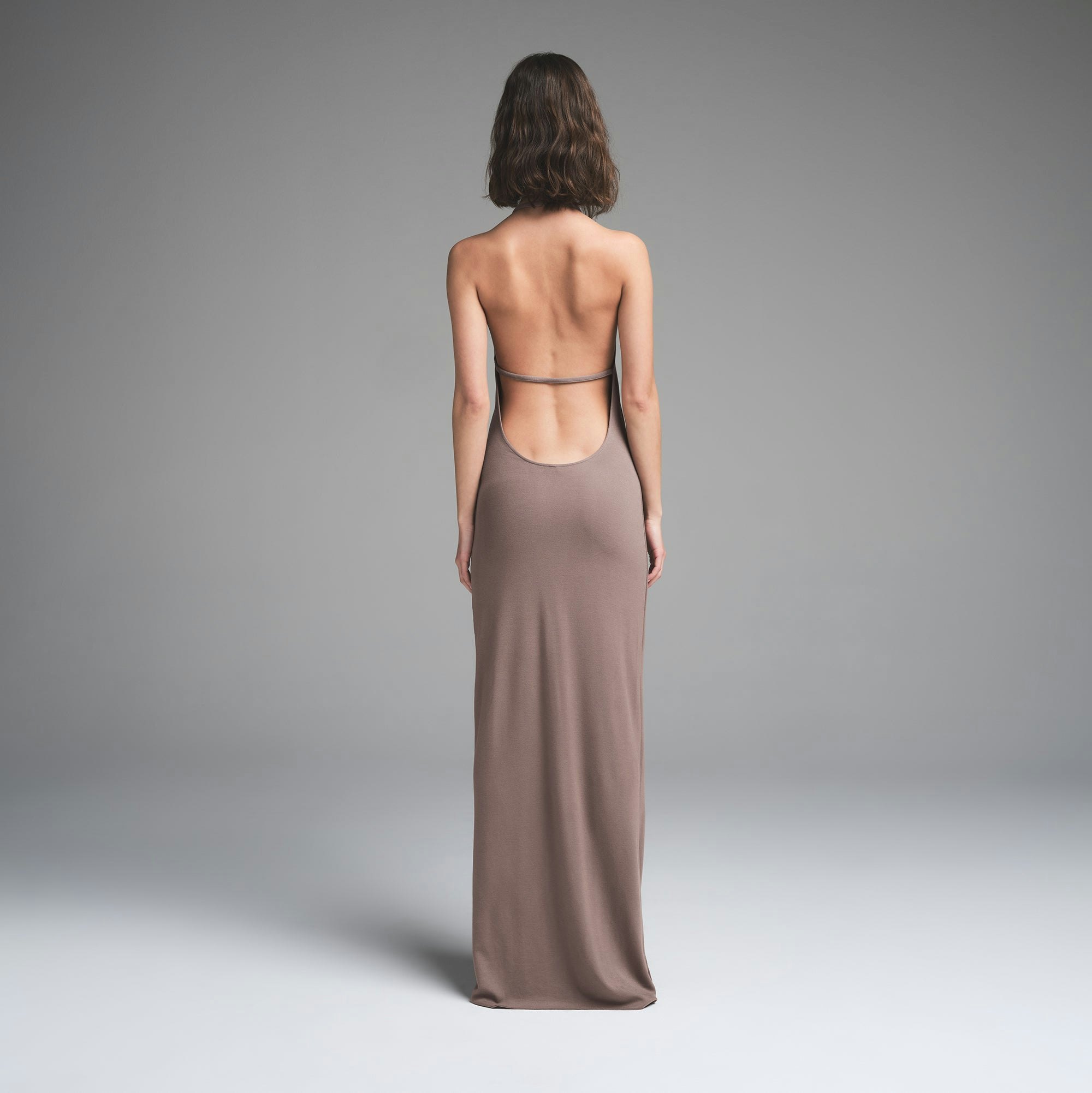 SKIMS CLOUD HALTER LONG DRESS | AMETHYST ON A MODEL BACK VIEW | FOCUS: 0.0, 1.0, 0.9