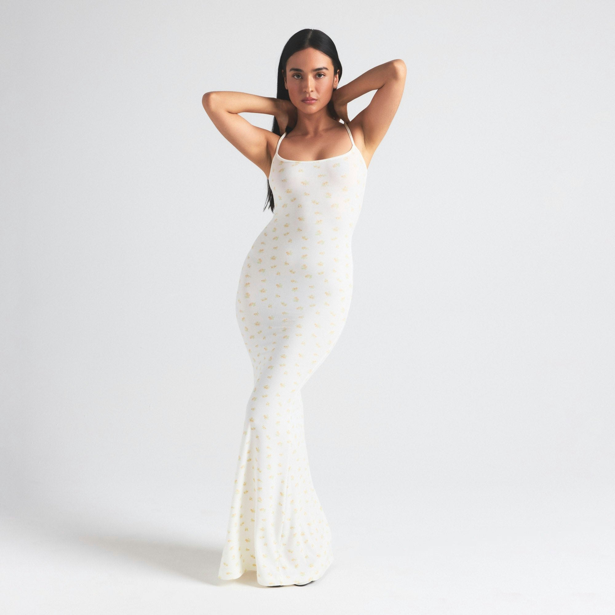 SOFT LOUNGE PETITE LONG SLIP DRESS | MARBLE GARDEN PRINT ON A MODEL FRONT  ON A MODEL FRONT VIEW | FOCUS: 0.0, 1.0, 0.9