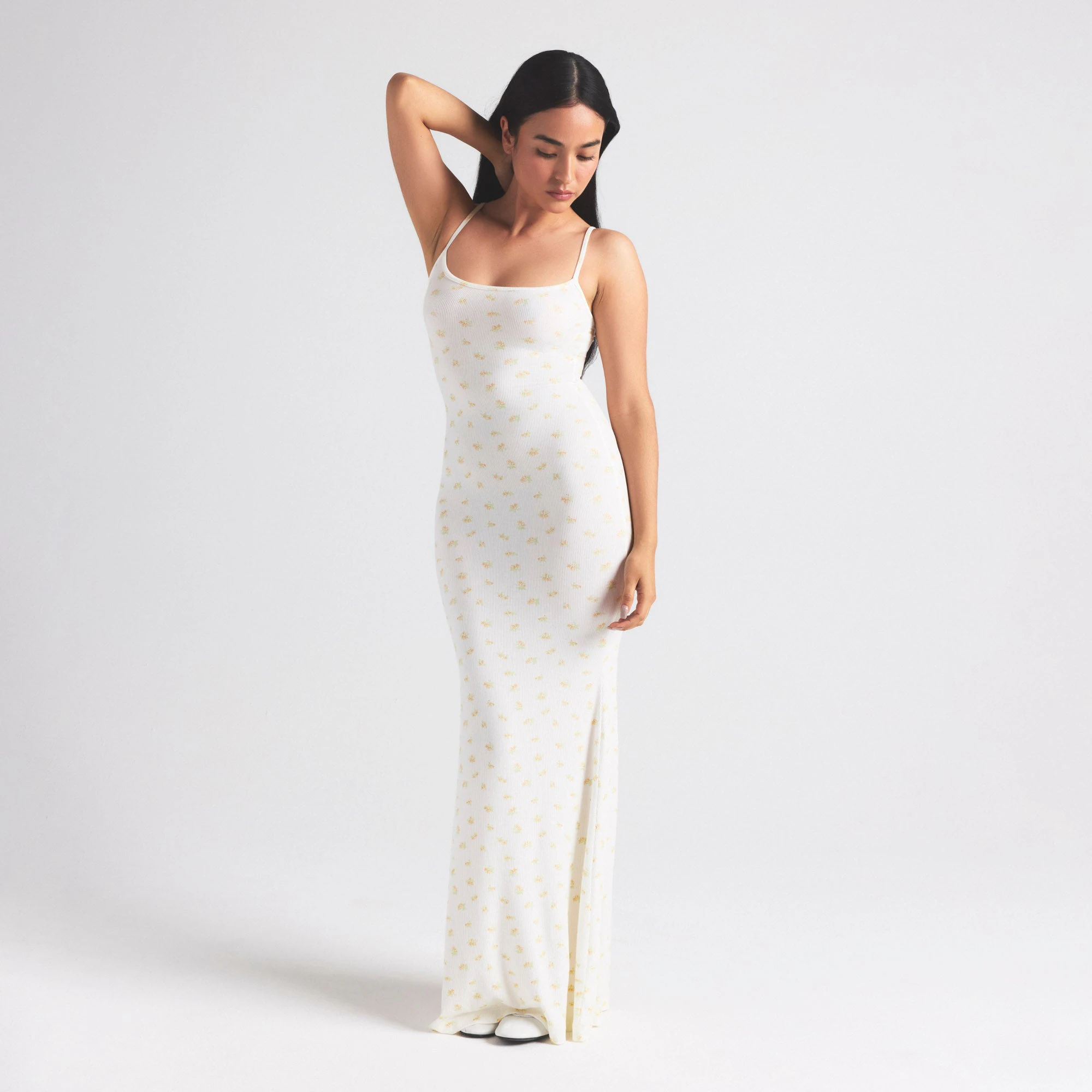 SOFT LOUNGE PETITE LONG SLIP DRESS | MARBLE GARDEN PRINT ON A MODEL FRONT  ON A MODEL FRONT VIEW | FOCUS: 0.0, 1.0, 0.9
