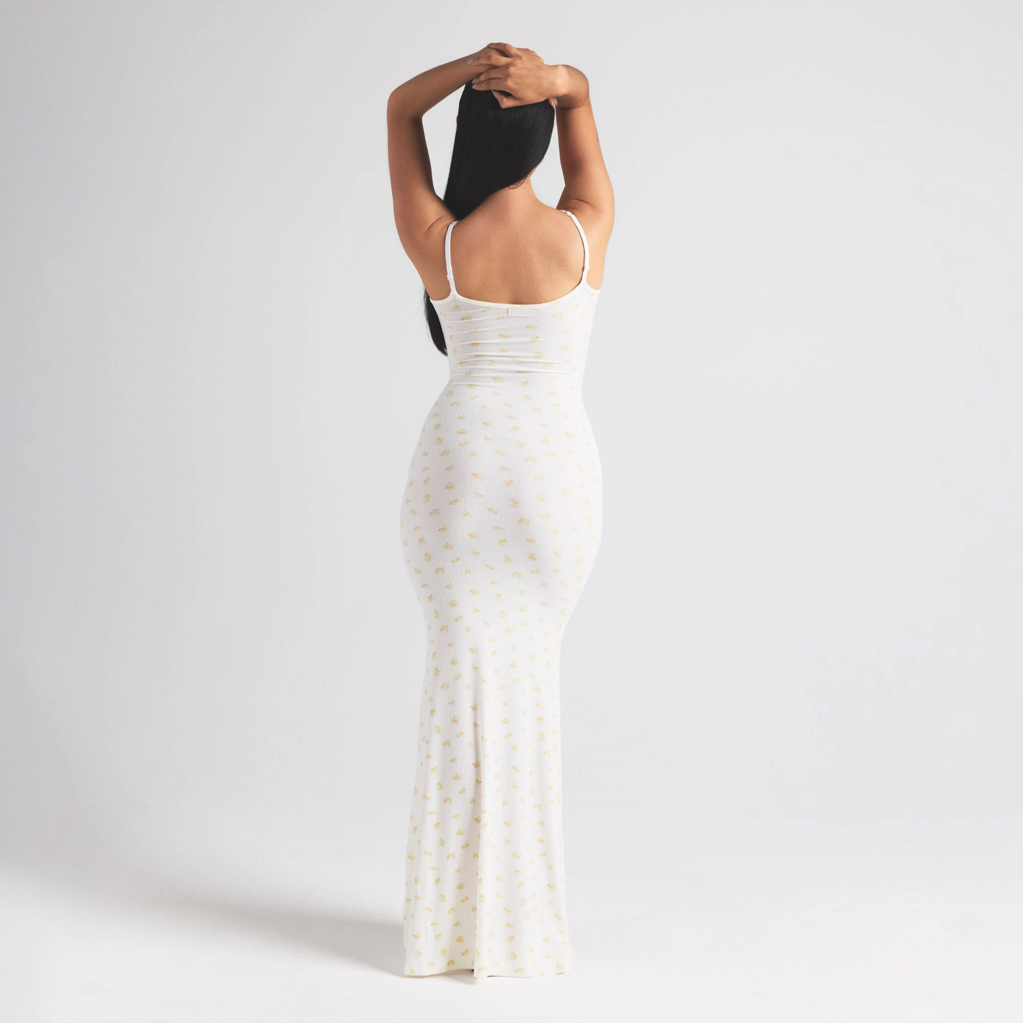 SOFT LOUNGE PETITE LONG SLIP DRESS | MARBLE GARDEN PRINT ON A MODEL SIDE  ON A MODEL FRONT VIEW | FOCUS: 0.0, 1.0, 0.9