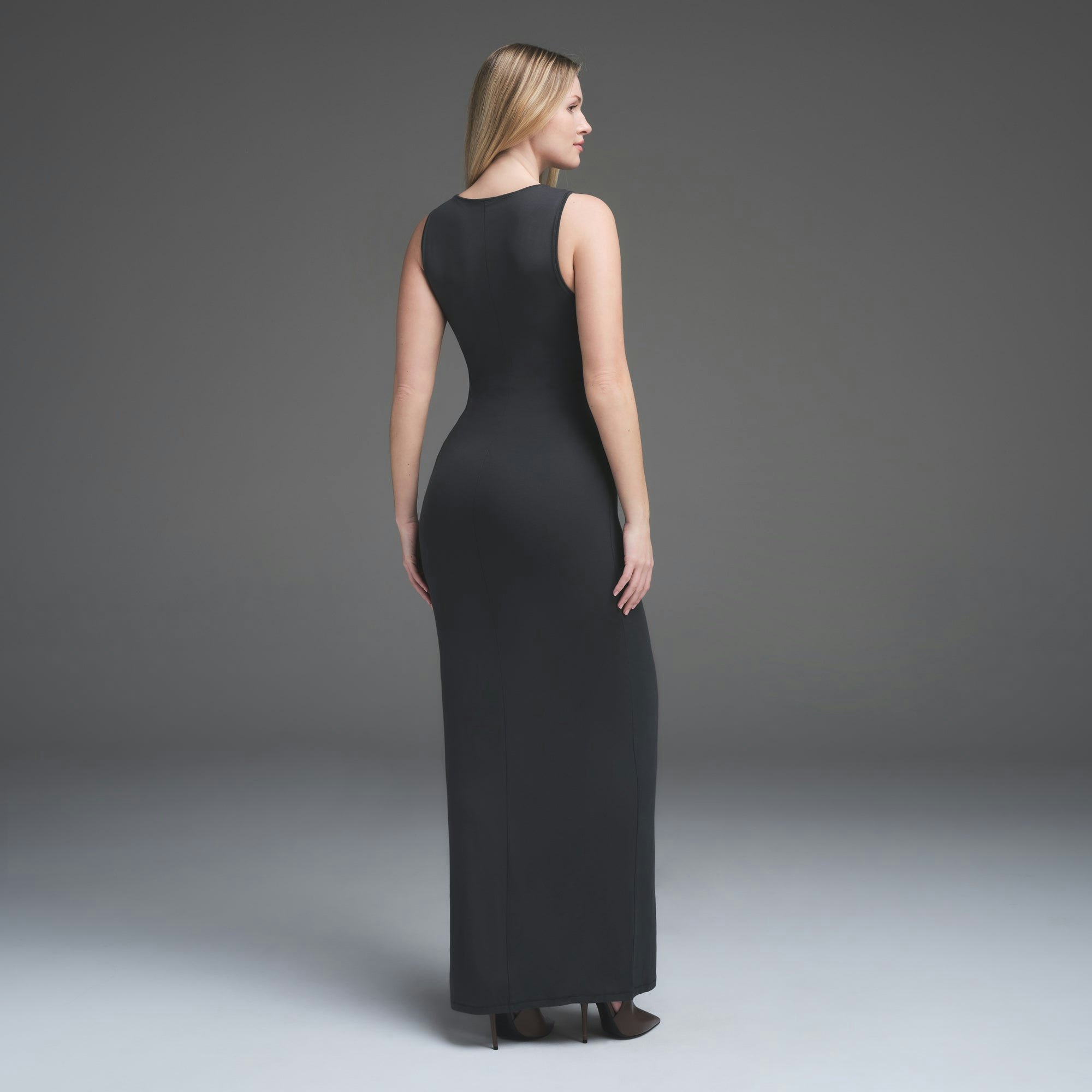 SMOOTH LOUNGE LONG BOAT NECK DRESS | GRAPHITE  ON A MODEL BACK VIEW | FOCUS: 0.0, 1.0, 0.9