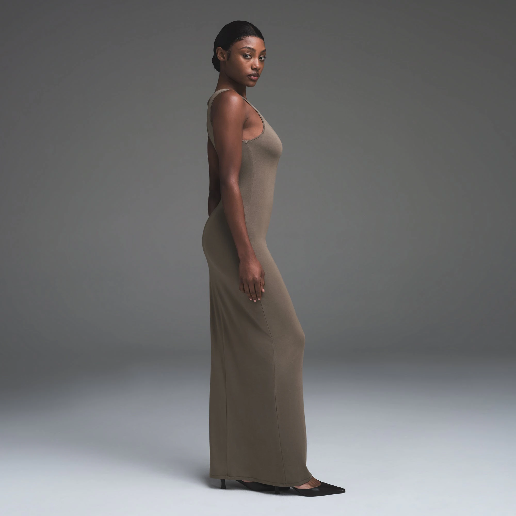 SMOOTH LOUNGE LONG BOAT NECK DRESS | TRUFFLE  ON A MODEL BACK VIEW | FOCUS: 0.0, 1.0, 0.9