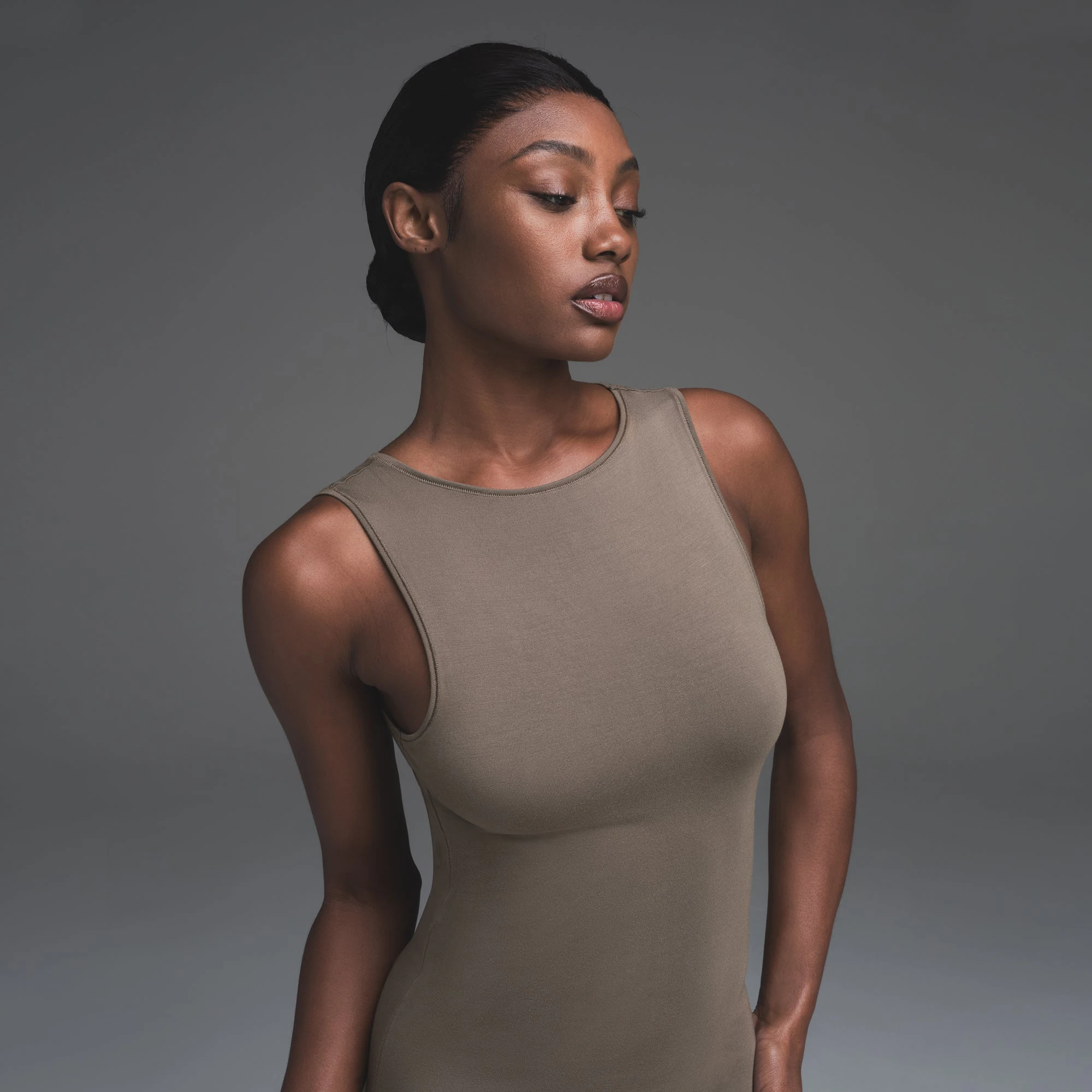 SMOOTH LOUNGE LONG BOAT NECK DRESS | TRUFFLE  ON A MODEL SIDE VIEW | FOCUS: 0.0, 1.0, 0.9