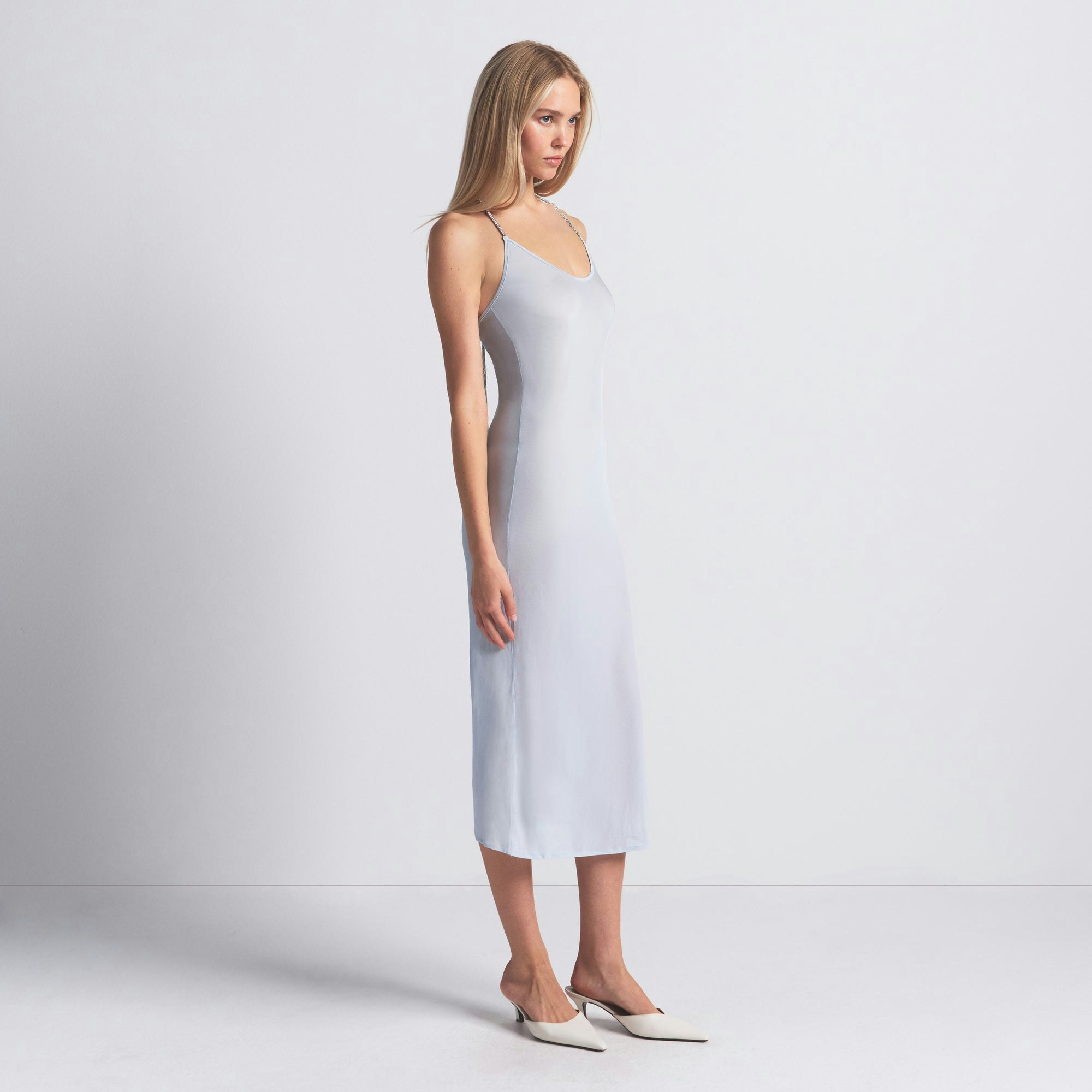 RHINESTONE KNIT HALTER MIDI SLIP DRESS | ZEN BLUE ON A MODEL FRONT VIEW @ | FOCUS: 0.0, 1.0, 0.9