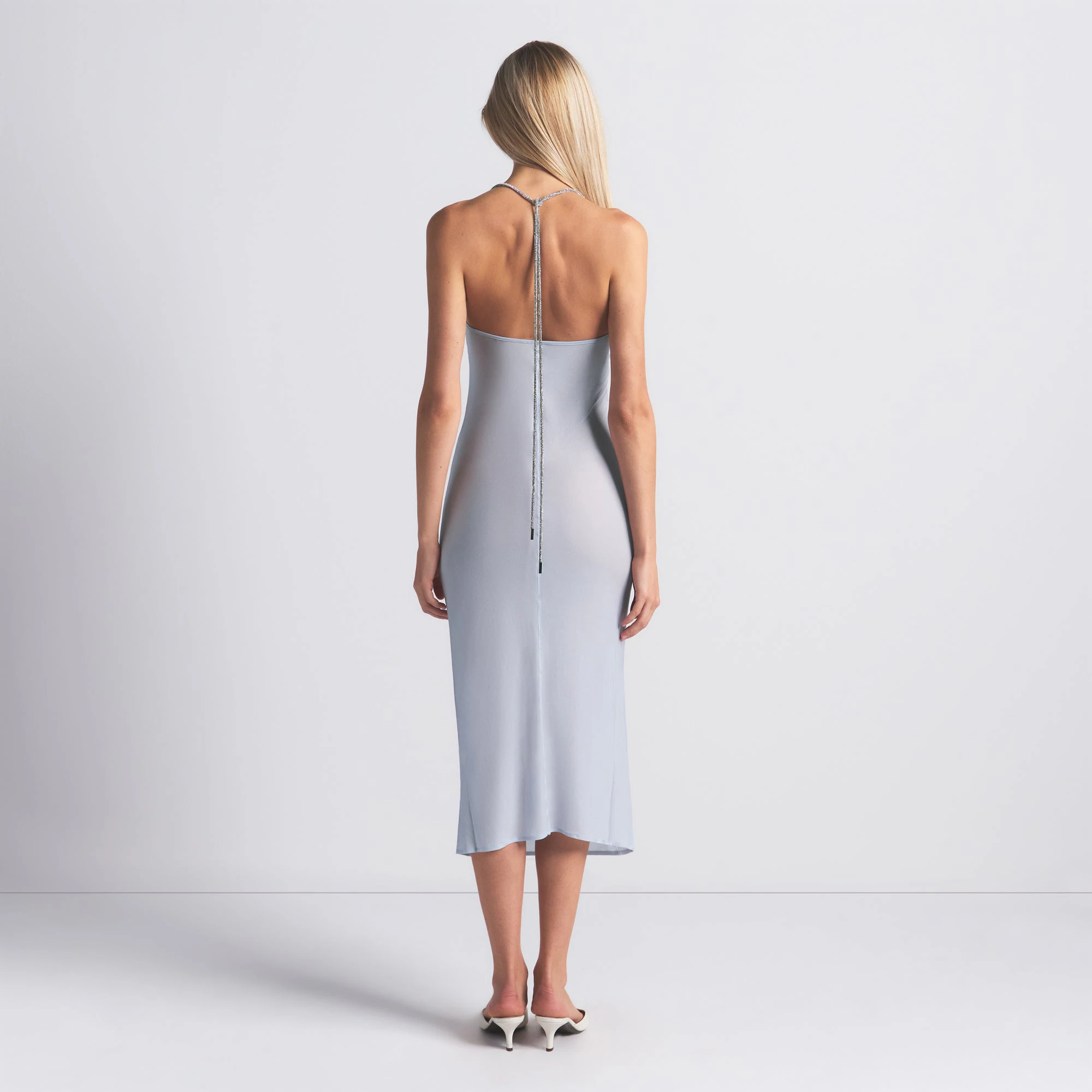 RHINESTONE KNIT HALTER MIDI SLIP DRESS | ZEN BLUE ON A MODEL FRONT VIEW @ | FOCUS: 0.0, 1.0, 0.9