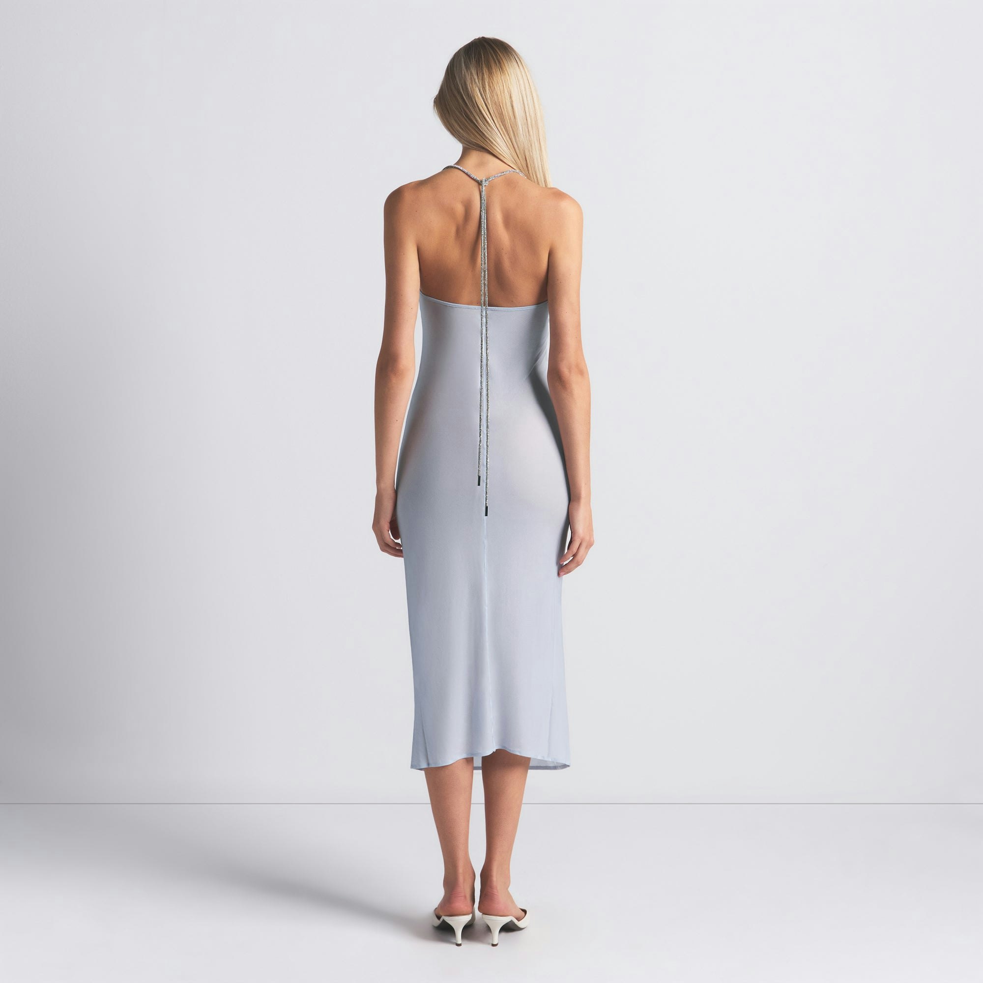 RHINESTONE KNIT HALTER MIDI SLIP DRESS | ZEN BLUE ON A MODEL FRONT VIEW @ | FOCUS: 0.0, 1.0, 0.9