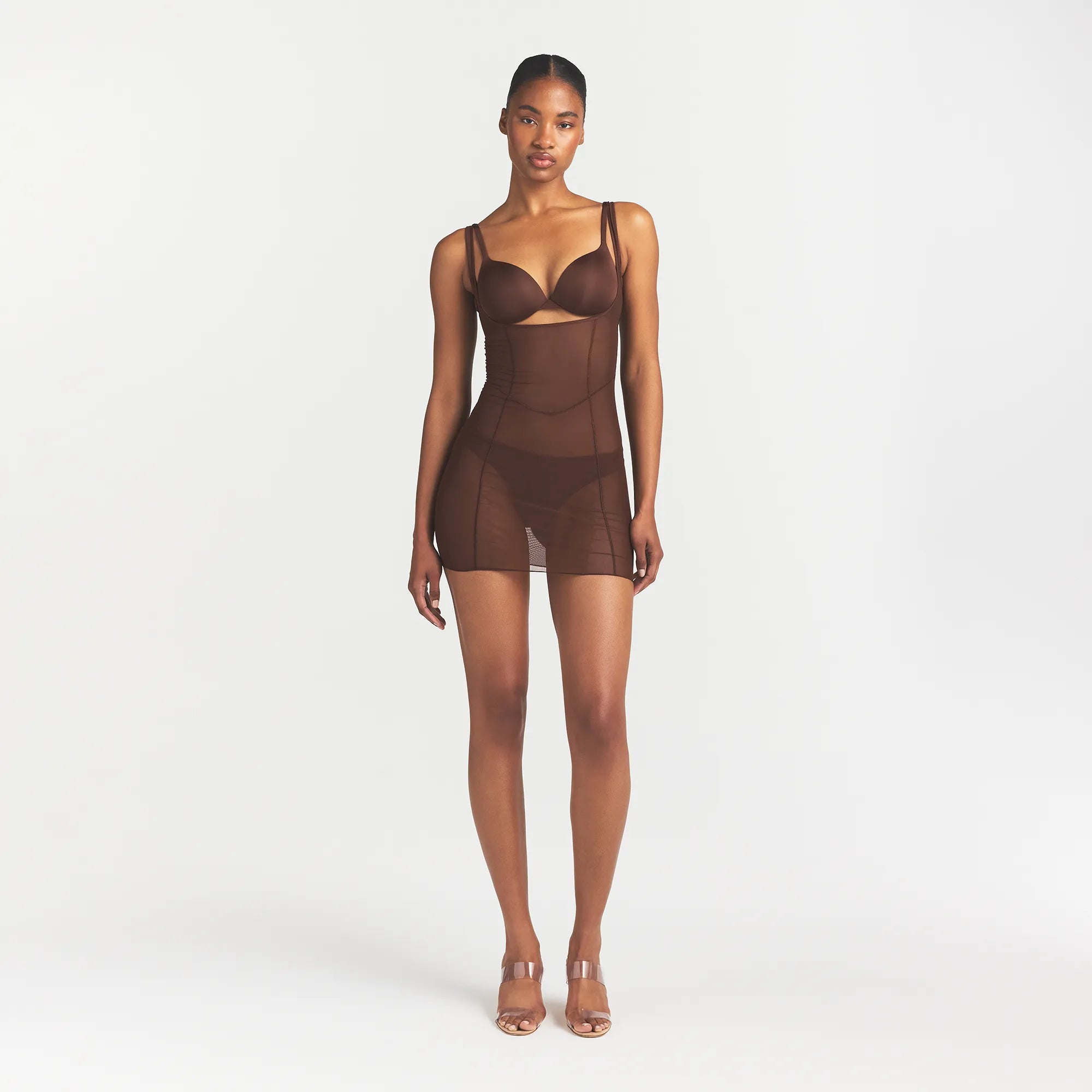 POWER MESH SHAPEWEAR OPEN BUST SLIP DRESS | COCOA ON A MODEL FRONT VIEW @ | FOCUS: 0.0, 1.0, 0.9
