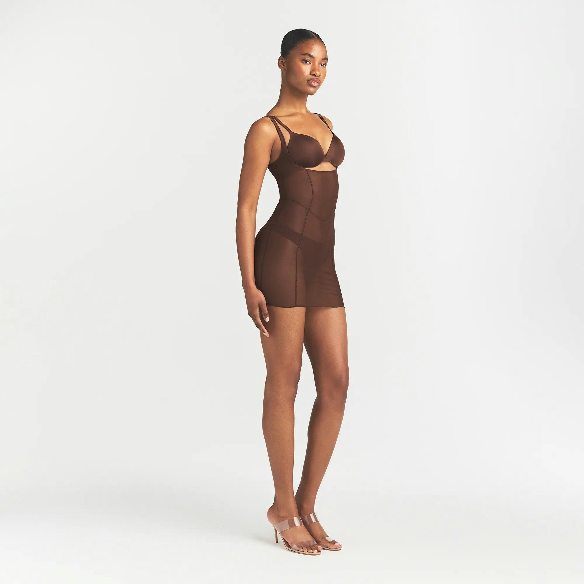 POWER MESH SHAPEWEAR OPEN BUST SLIP DRESS | COCOA ON A MODEL SIDE VIEW @ | FOCUS: 0.0, 1.0, 0.9