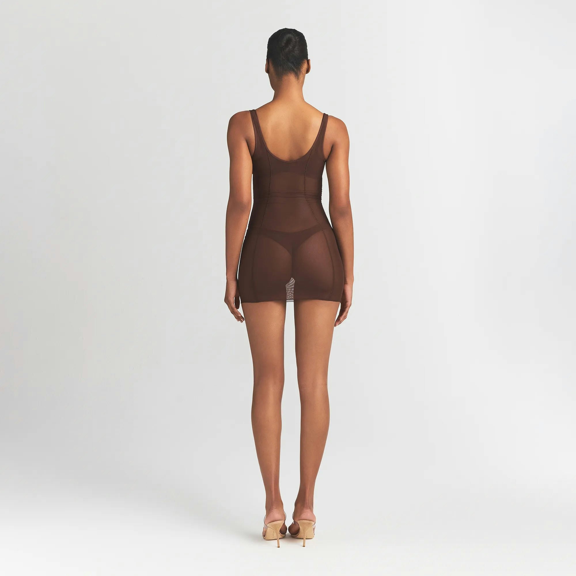 POWER MESH SHAPEWEAR OPEN BUST SLIP DRESS | COCOA ON A MODEL BACK VIEW @ | FOCUS: 0.0, 1.0, 0.9