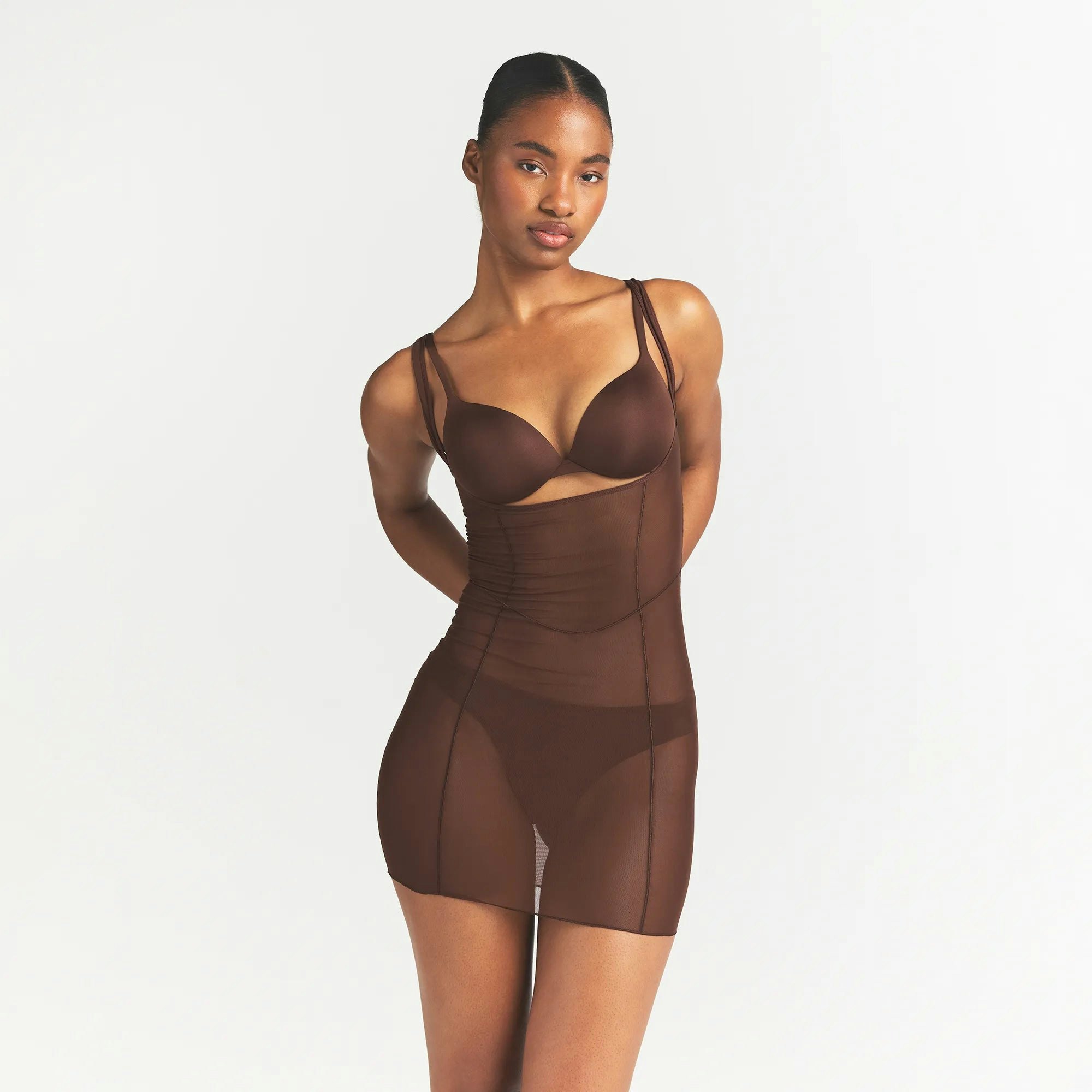 POWER MESH SHAPEWEAR OPEN BUST SLIP DRESS | COCOA ON A MODEL FRONT VIEW @ | FOCUS: 0.0, 1.0, 0.9