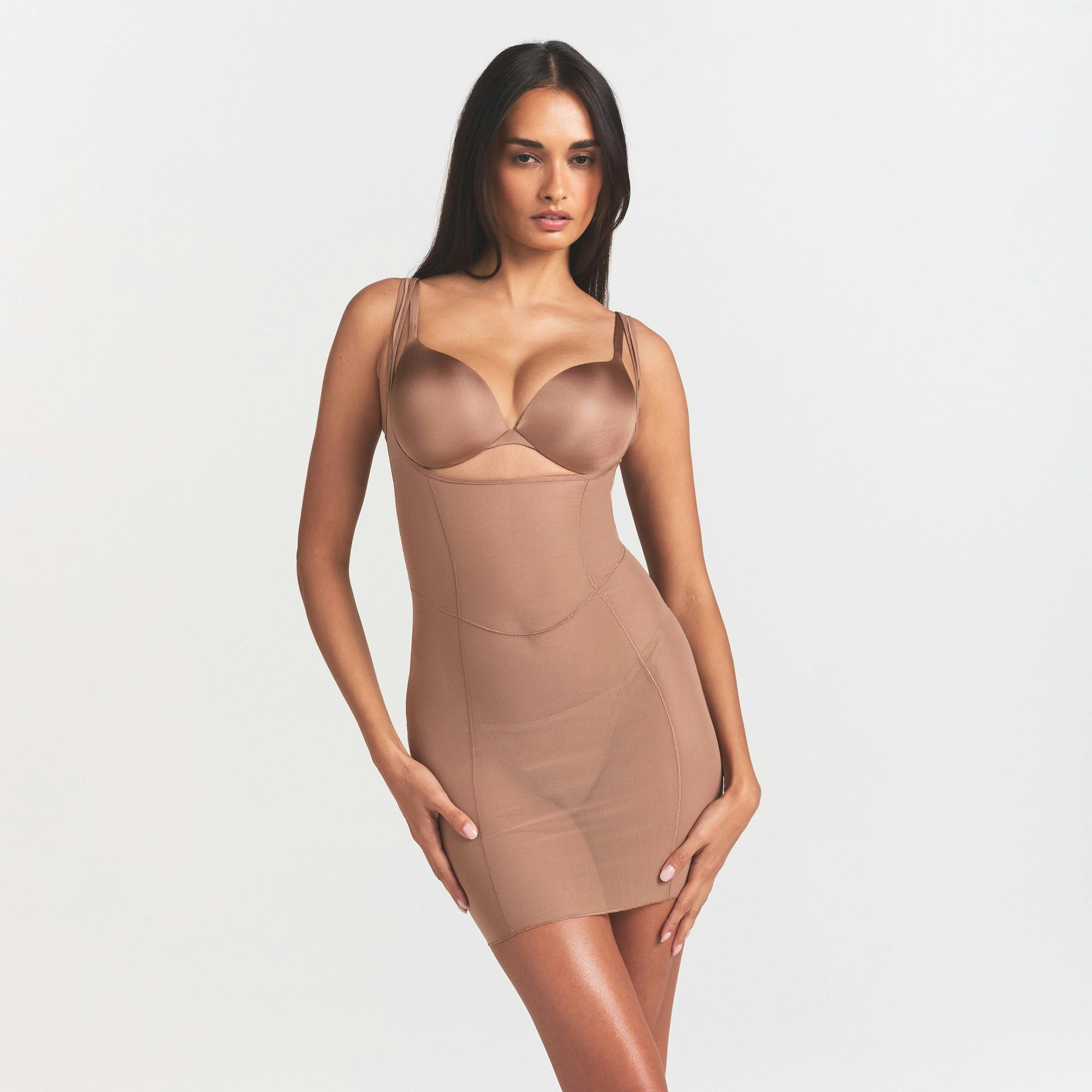 POWER MESH SHAPEWEAR OPEN BUST SLIP DRESS | SIENNA ON A MODEL SIDE VIEW @ | FOCUS: 0.0, 1.0, 0.9