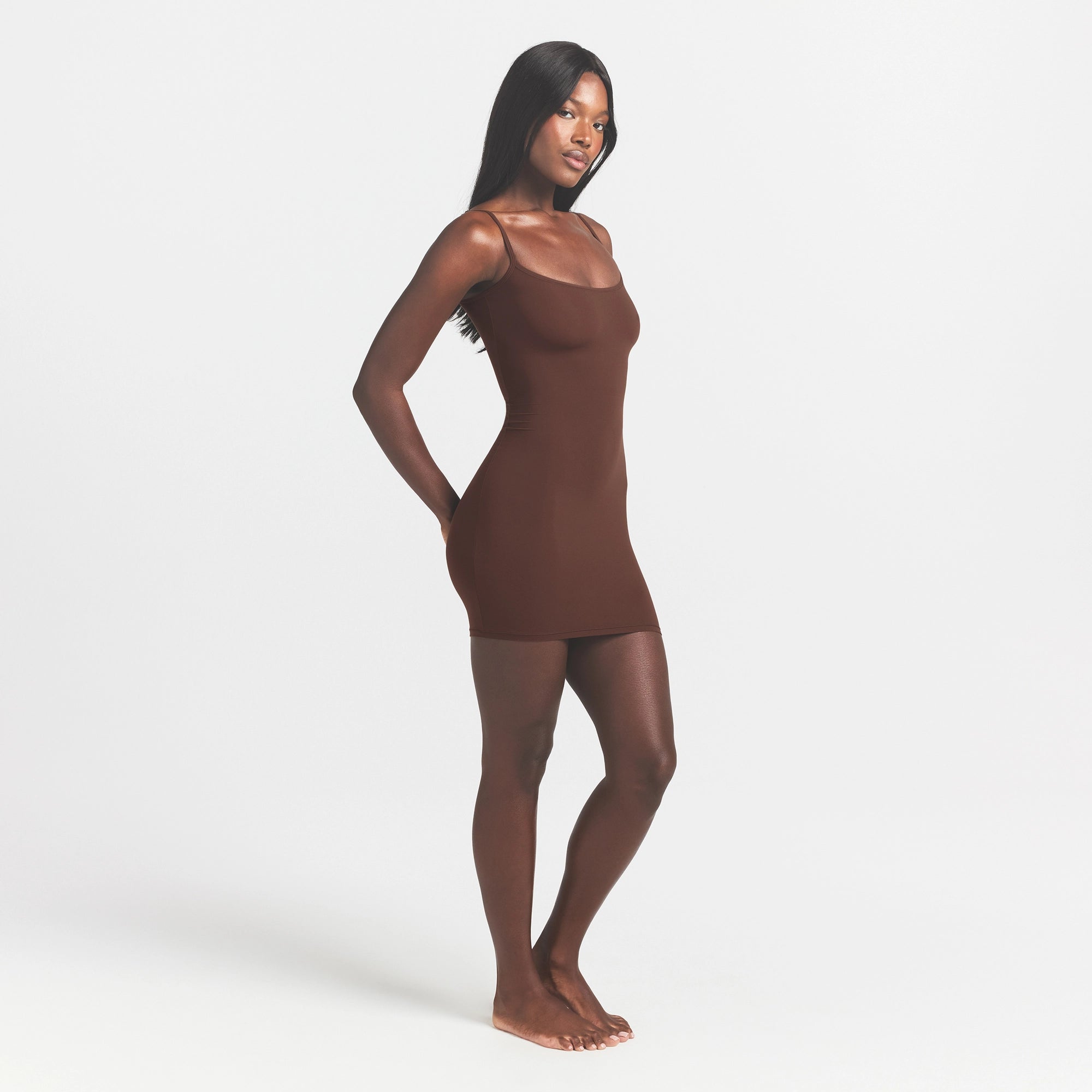 FITS EVERYBODY SLIP DRESS | COCOA ON A MODEL FRONT VIEW