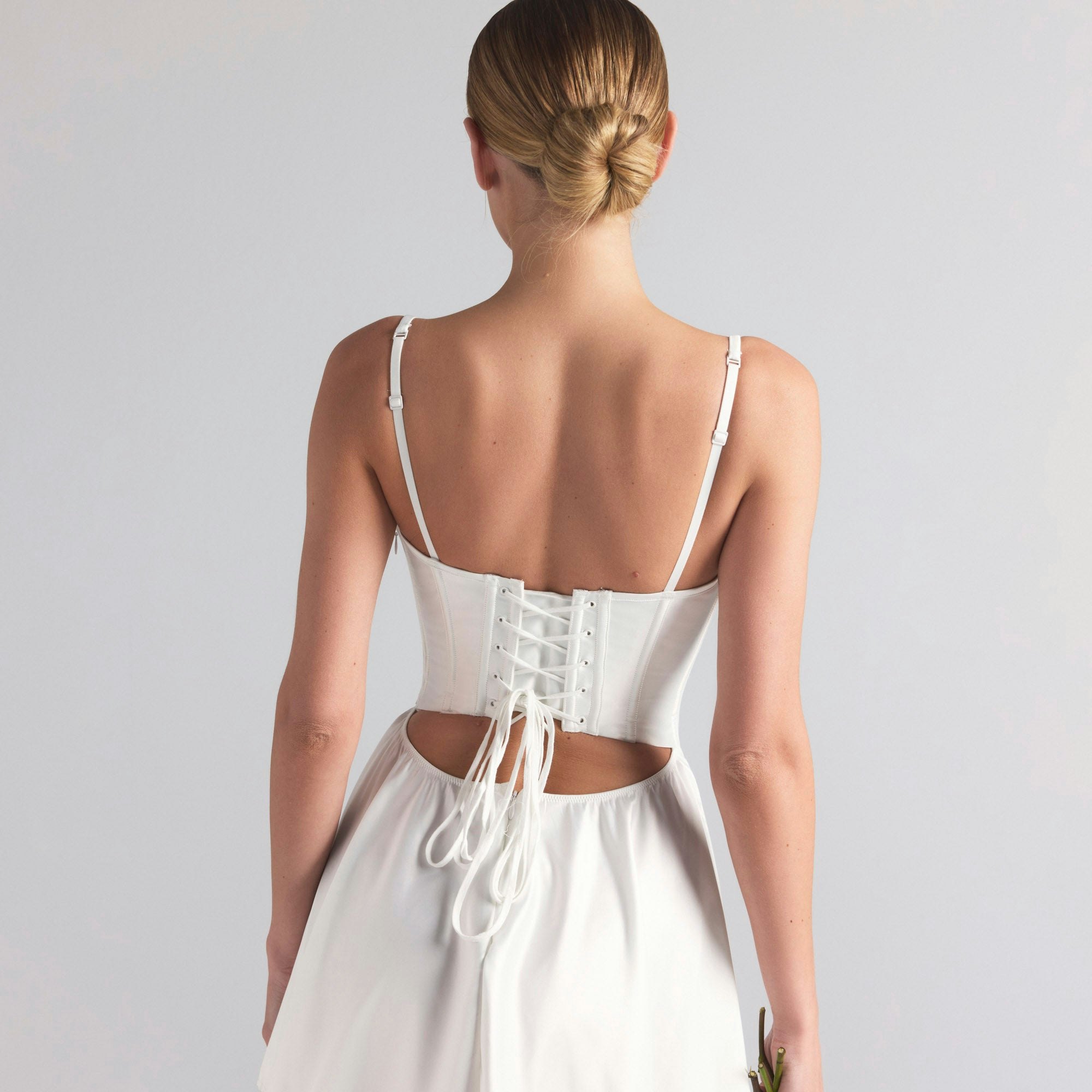WOVEN SHINE CORSET DRESS | IVORY ON A MODEL SIDE  ON A MODEL FRONT VIEW | FOCUS: 0.0, 1.0, 0.9