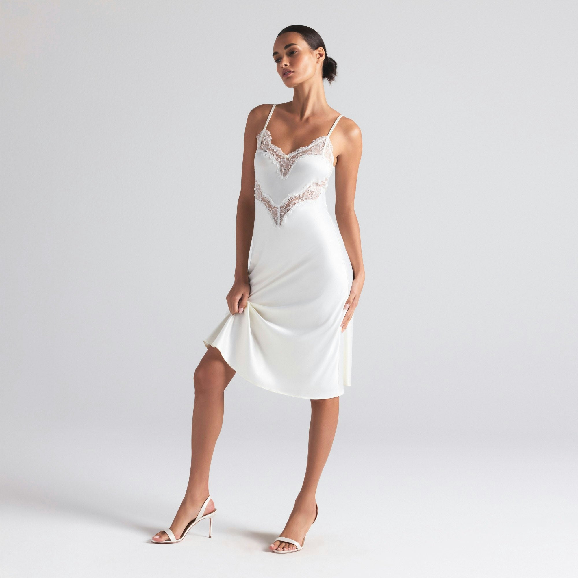 WOVEN SHINE LACE MIDI SLIP DRESS | IVORY ON A MODEL FRONT  ON A MODEL FRONT VIEW | FOCUS: 0.0, 1.0, 0.9