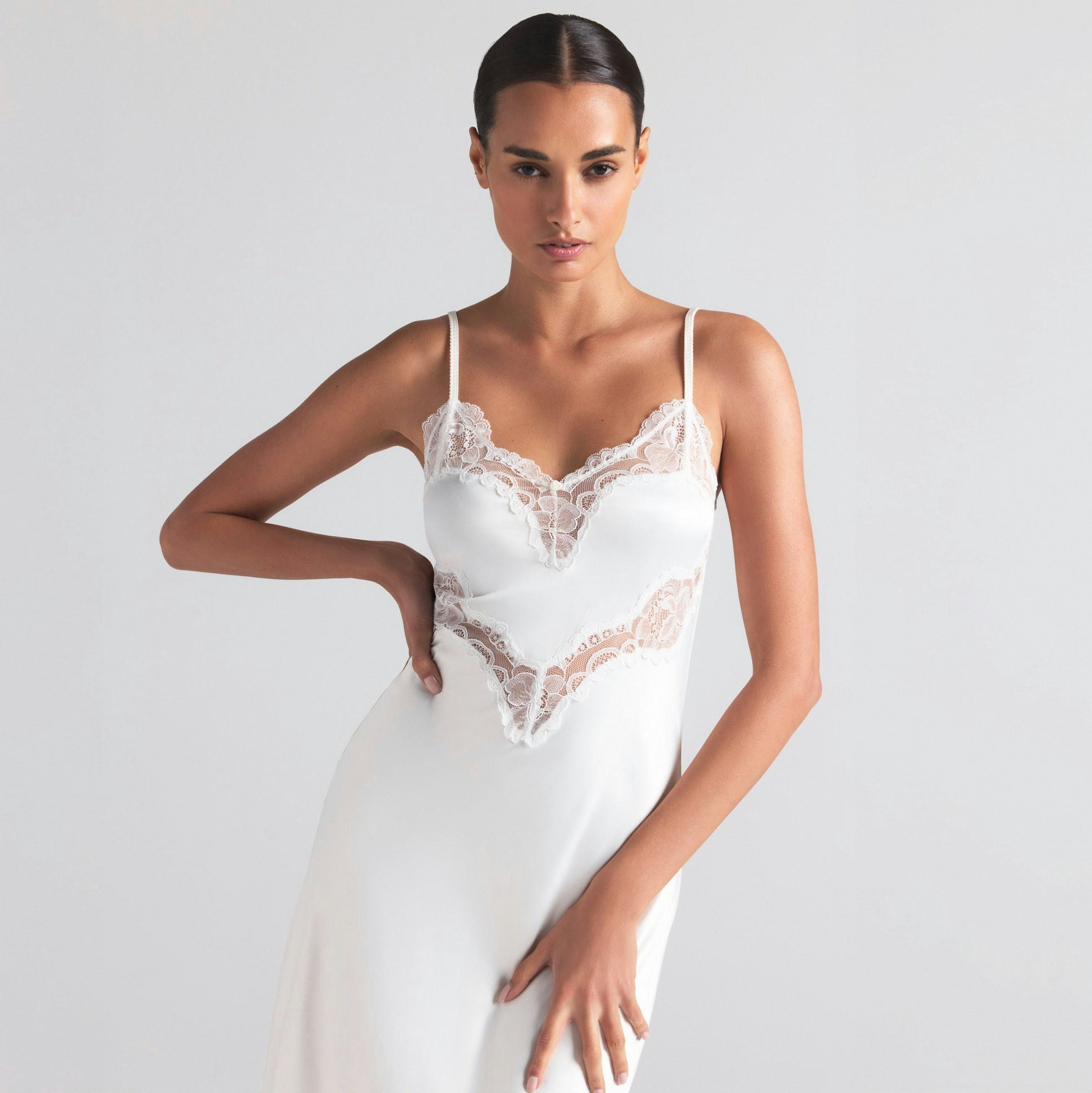 WOVEN SHINE LACE MIDI SLIP DRESS | IVORY ON A MODEL SIDE  ON A MODEL FRONT VIEW | FOCUS: 0.0, 1.0, 0.9