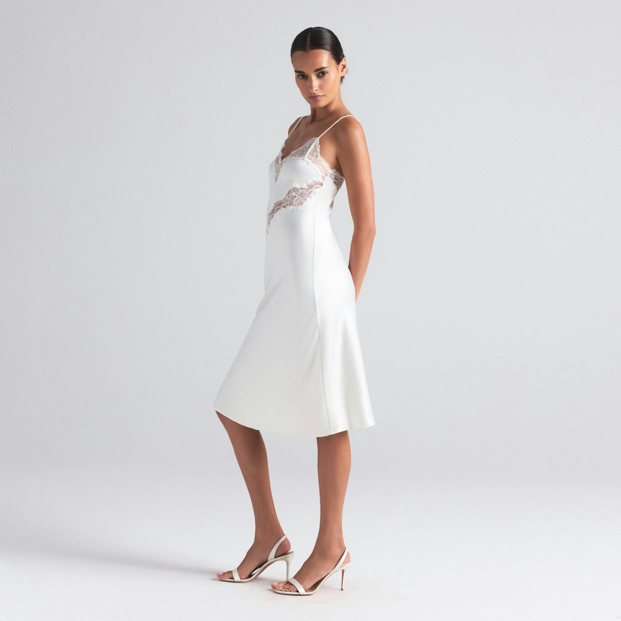 WOVEN SHINE LACE MIDI SLIP DRESS | IVORY ON A MODEL SIDE  ON A MODEL FRONT VIEW | FOCUS: 0.0, 1.0, 0.9