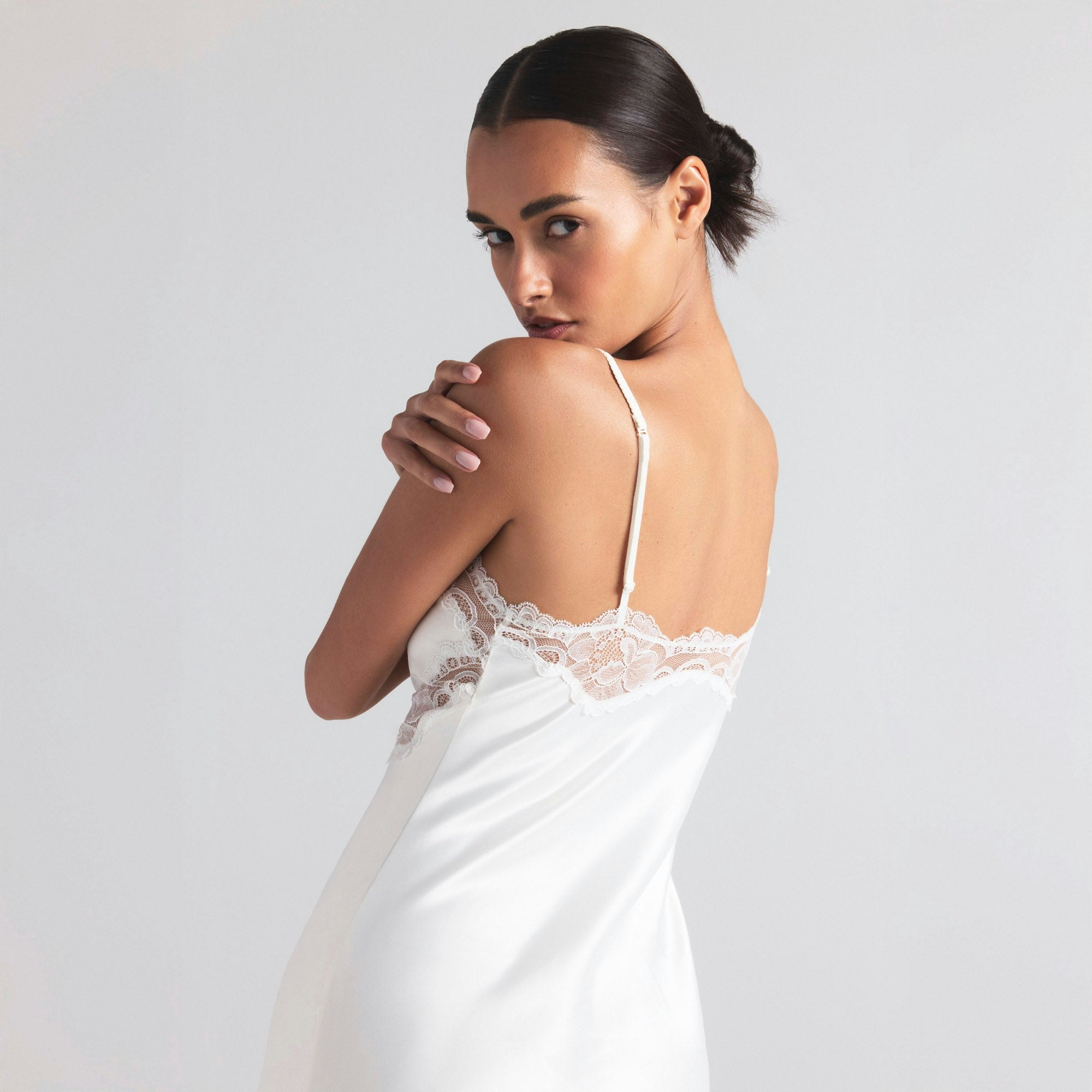WOVEN SHINE LACE MIDI SLIP DRESS | IVORY ON A MODEL SIDE ON A MODEL FRONT VIEW | FOCUS: 0.0, 1.0, 0.9