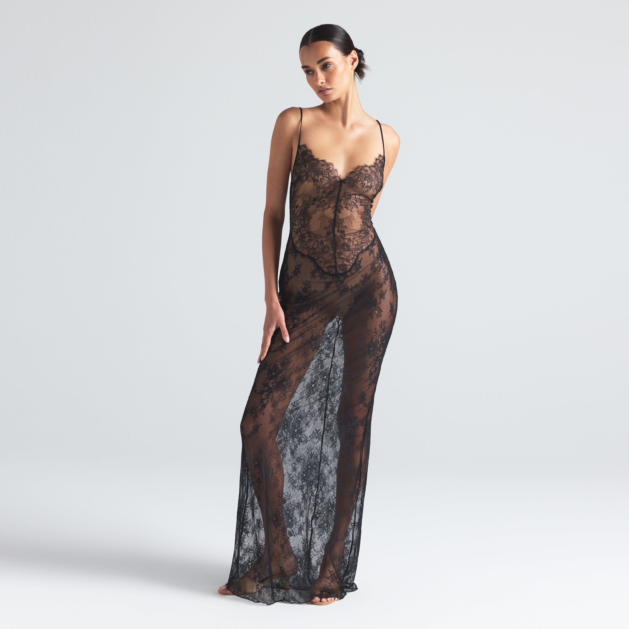 ULTRA FINE LACE LOW BACK LONG DRESS | ONYX ON A MODEL FRONT  ON A MODEL FRONT VIEW | FOCUS: 0.0, 1.0, 0.9