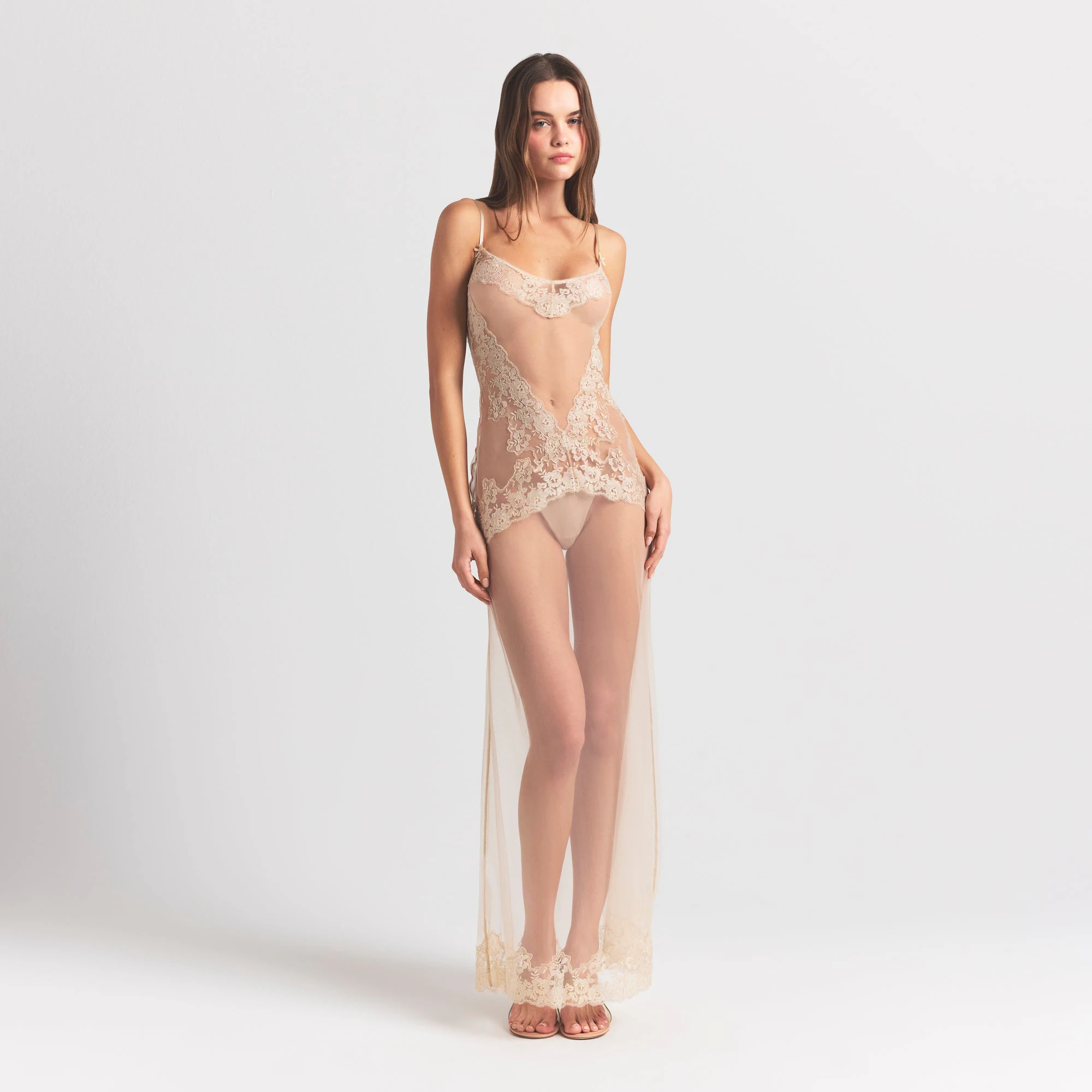 EMBROIDERED LINGERIE LONG SLIP DRESS | CHAMPAGNE ON A MODEL FRONT VIEW @ | FOCUS: 0.0, 1.0, 0.9