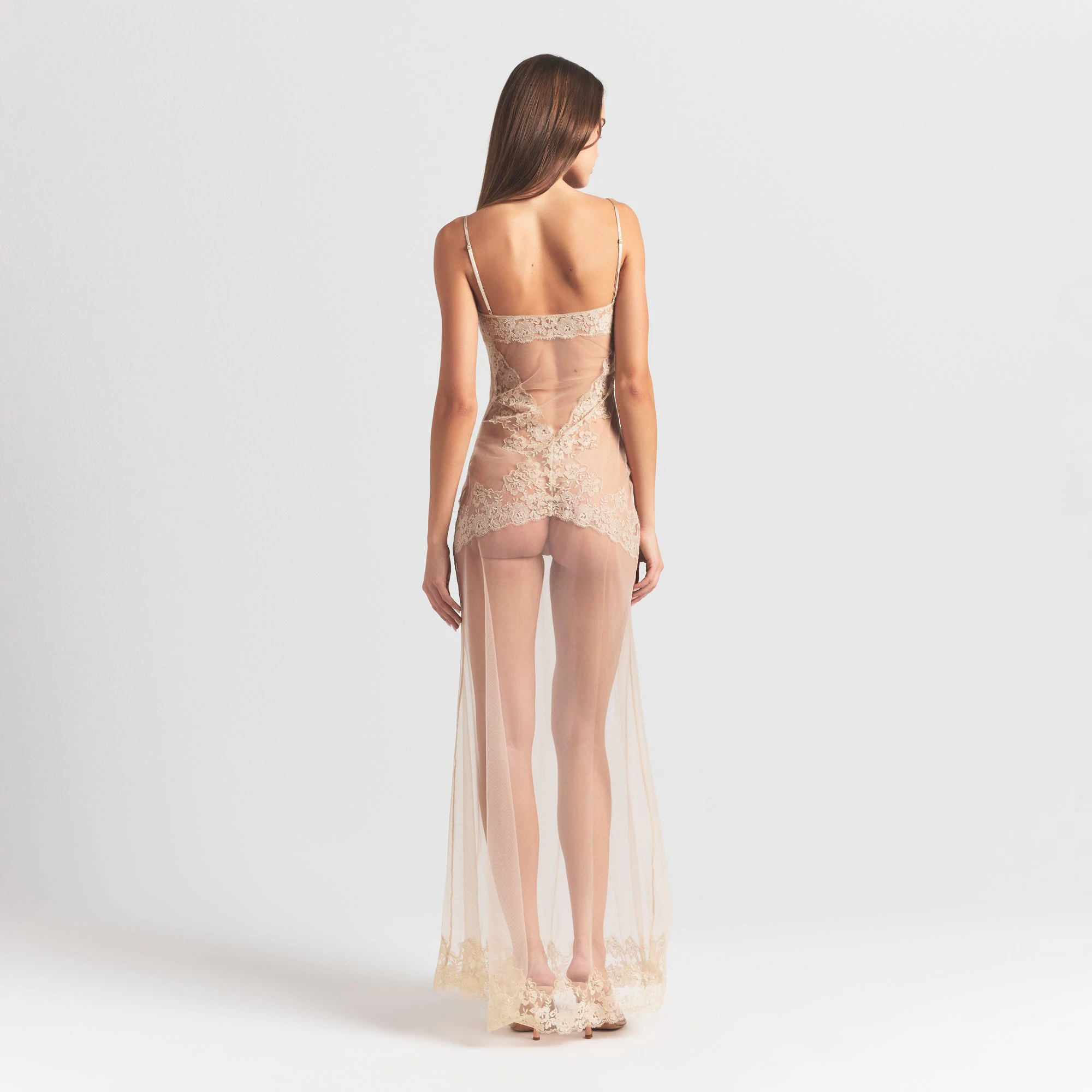 EMBROIDERED LINGERIE LONG SLIP DRESS | CHAMPAGNE ON A MODEL BACK VIEW @ | FOCUS: 0.0, 1.0, 0.9