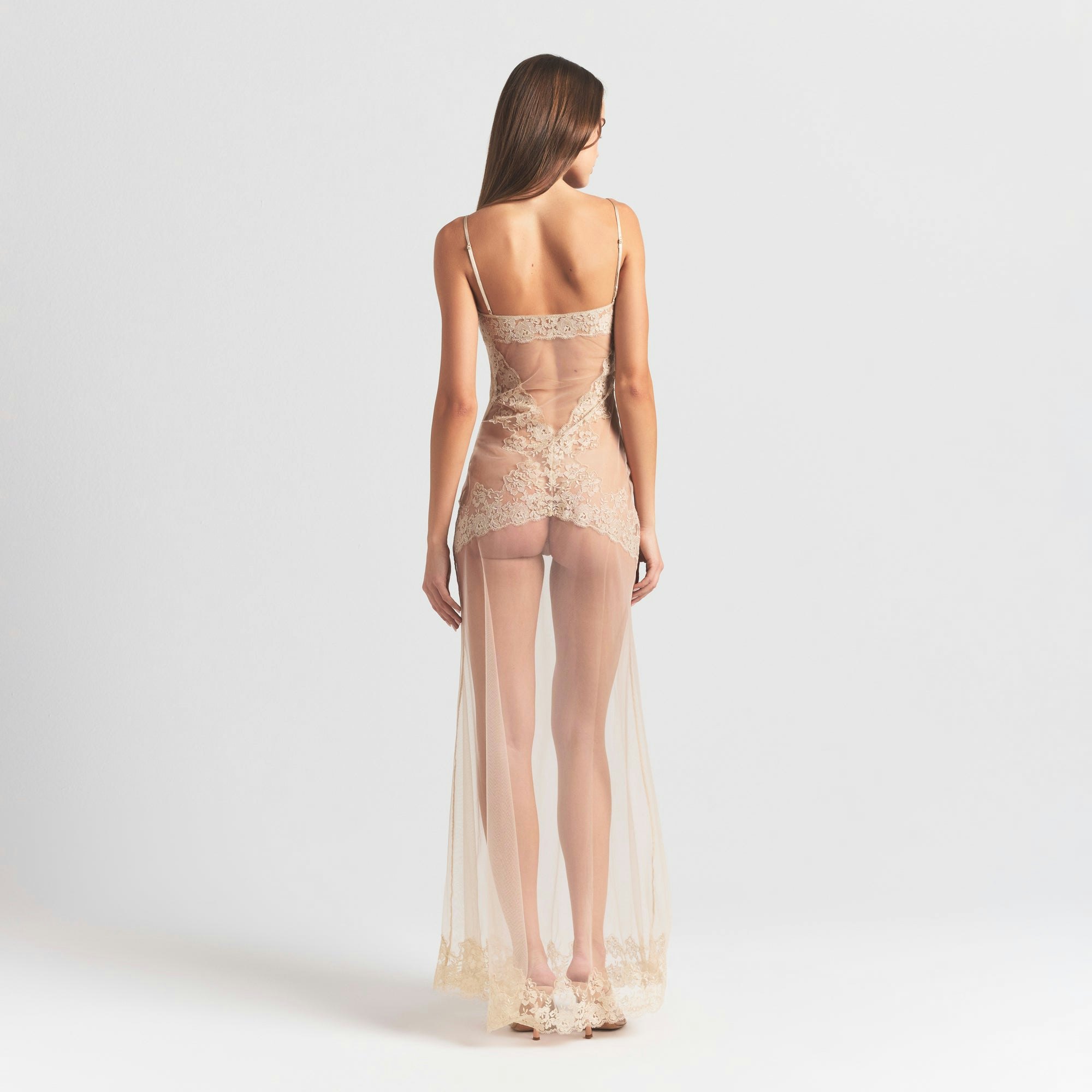 EMBROIDERED LINGERIE LONG SLIP DRESS | CHAMPAGNE ON A MODEL BACK VIEW @ | FOCUS: 0.0, 1.0, 0.9