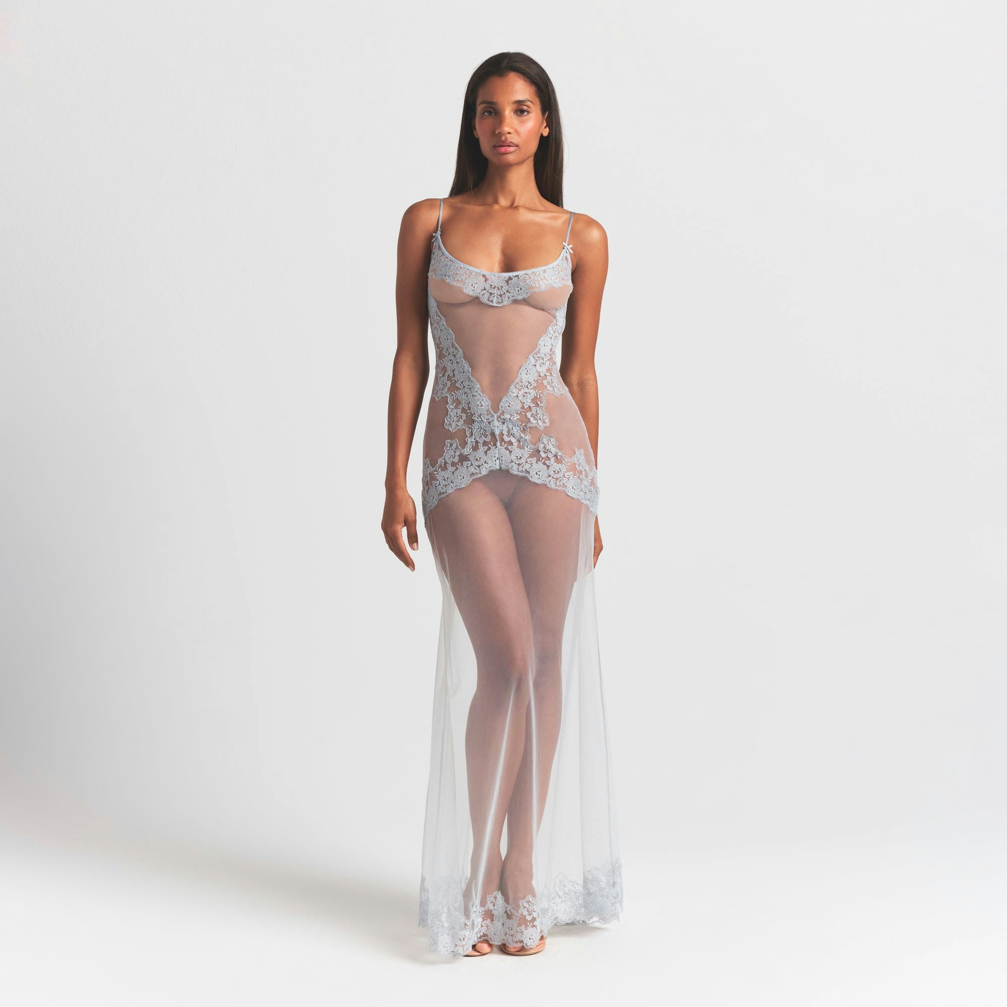 EMBROIDERED LINGERIE LONG SLIP DRESS | PEARL ON A MODEL FRONT VIEW @ | FOCUS: 0.0, 1.0, 0.9