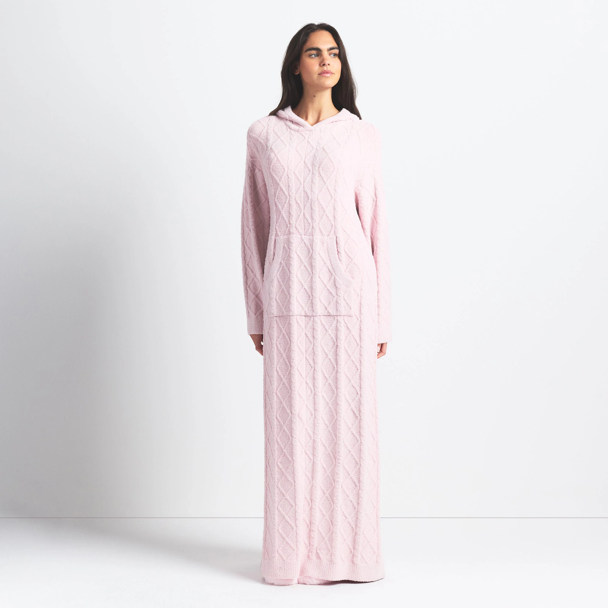 COZY LIGHT OVERSIZED CABLEKNIT LONG DRESS | CHERRY BLOSSOM ON A MODEL FRONT VIEW @ | FOCUS: 0.0, 1.0, 0.9
