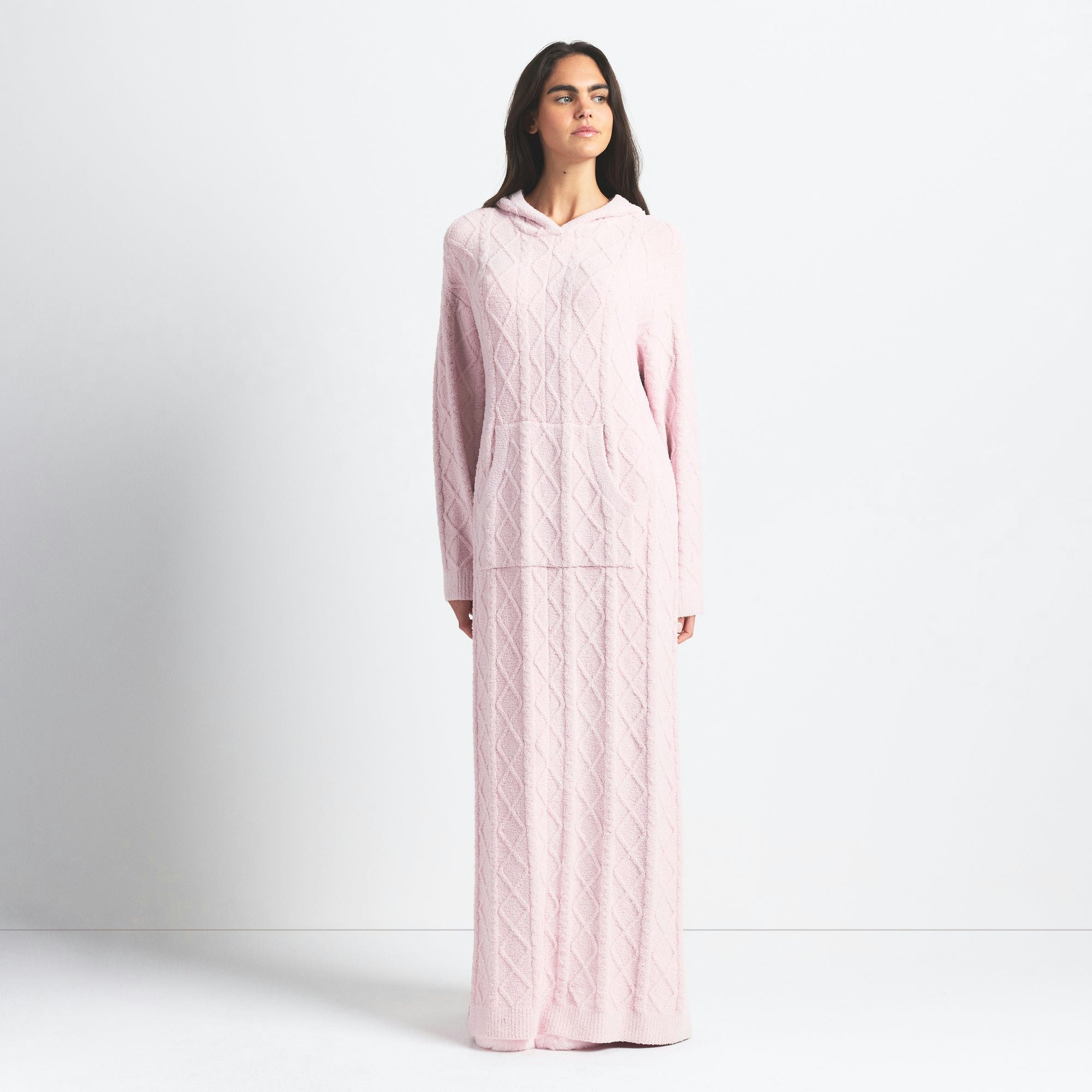 COZY LIGHT OVERSIZED CABLEKNIT LONG DRESS | CHERRY BLOSSOM ON A MODEL FRONT VIEW @ | FOCUS: 0.0, 1.0, 0.9