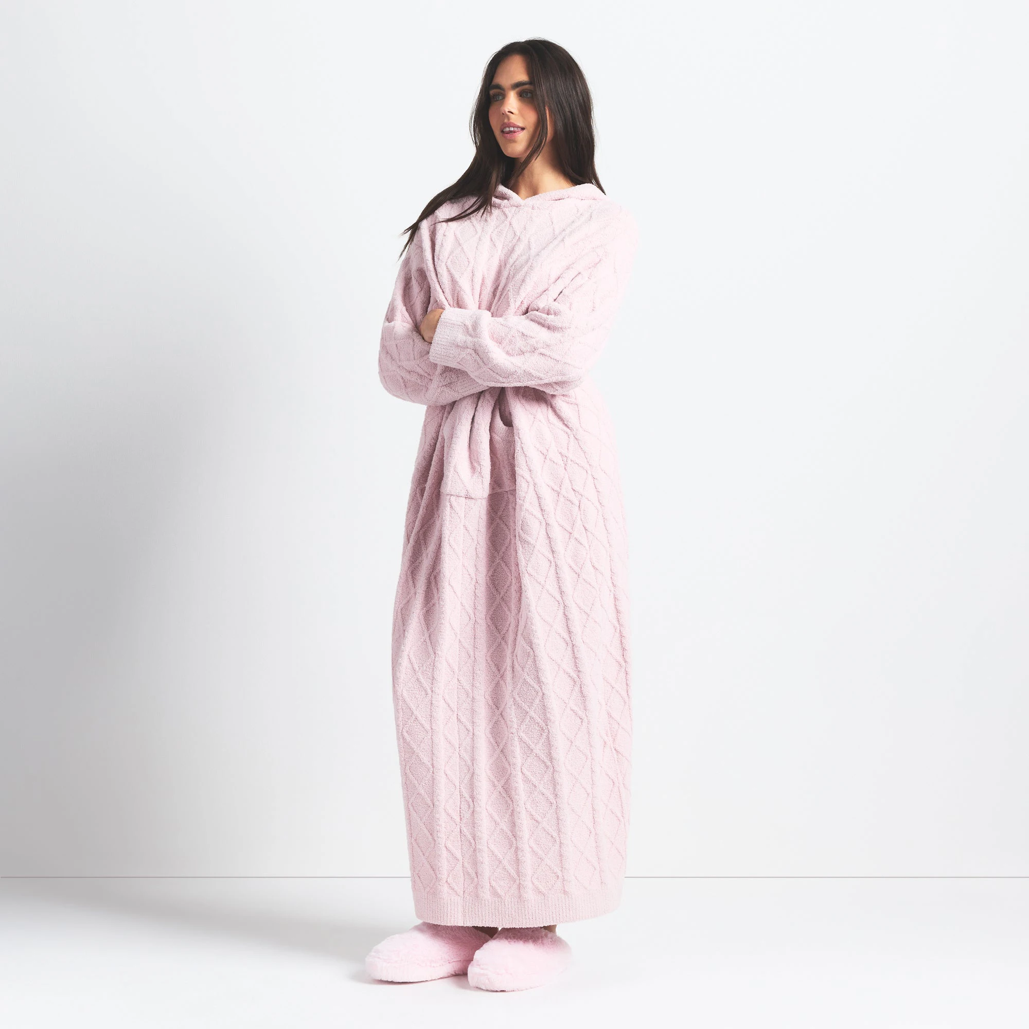 COZY LIGHT OVERSIZED CABLEKNIT LONG DRESS | CHERRY BLOSSOM ON A MODEL FRONT VIEW @ | FOCUS: 0.0, 1.0, 0.9