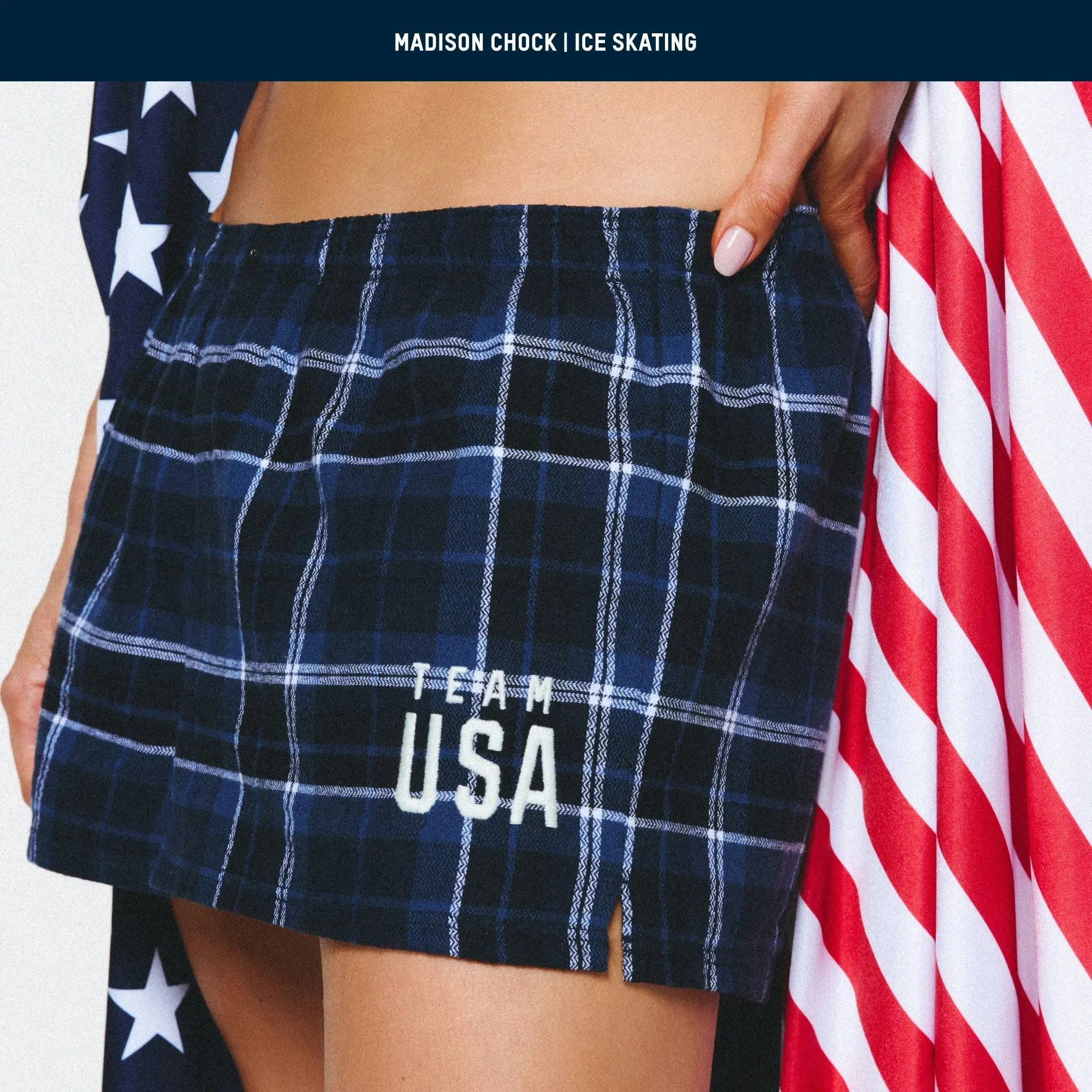 SKIMS FOR TEAM USA FLANNEL SLEEP OLYMPIC SHORT | NAVY PLAID CAMPAIGN IMAGERY @ | FOCUS: 0.0, 1.0, 0.9