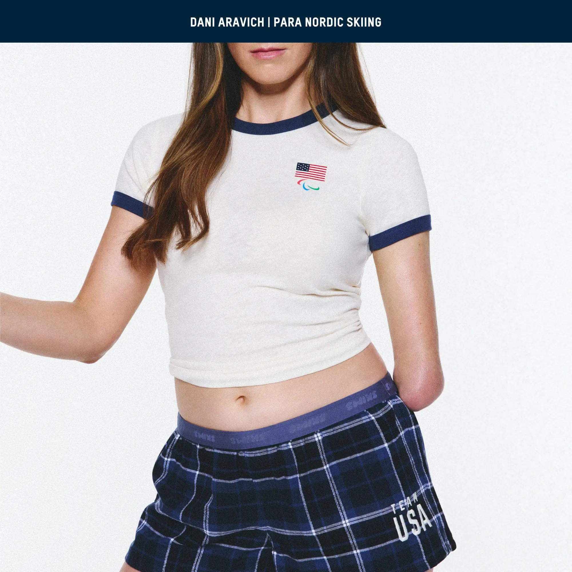 SKIMS FOR TEAM USA WORN IN JERSEY PARALYMPIC SHRUNKEN T-SHIRT | ECRU ON A MODEL FRONT VIEW @ | FOCUS: 0.0, 1.0, 0.9