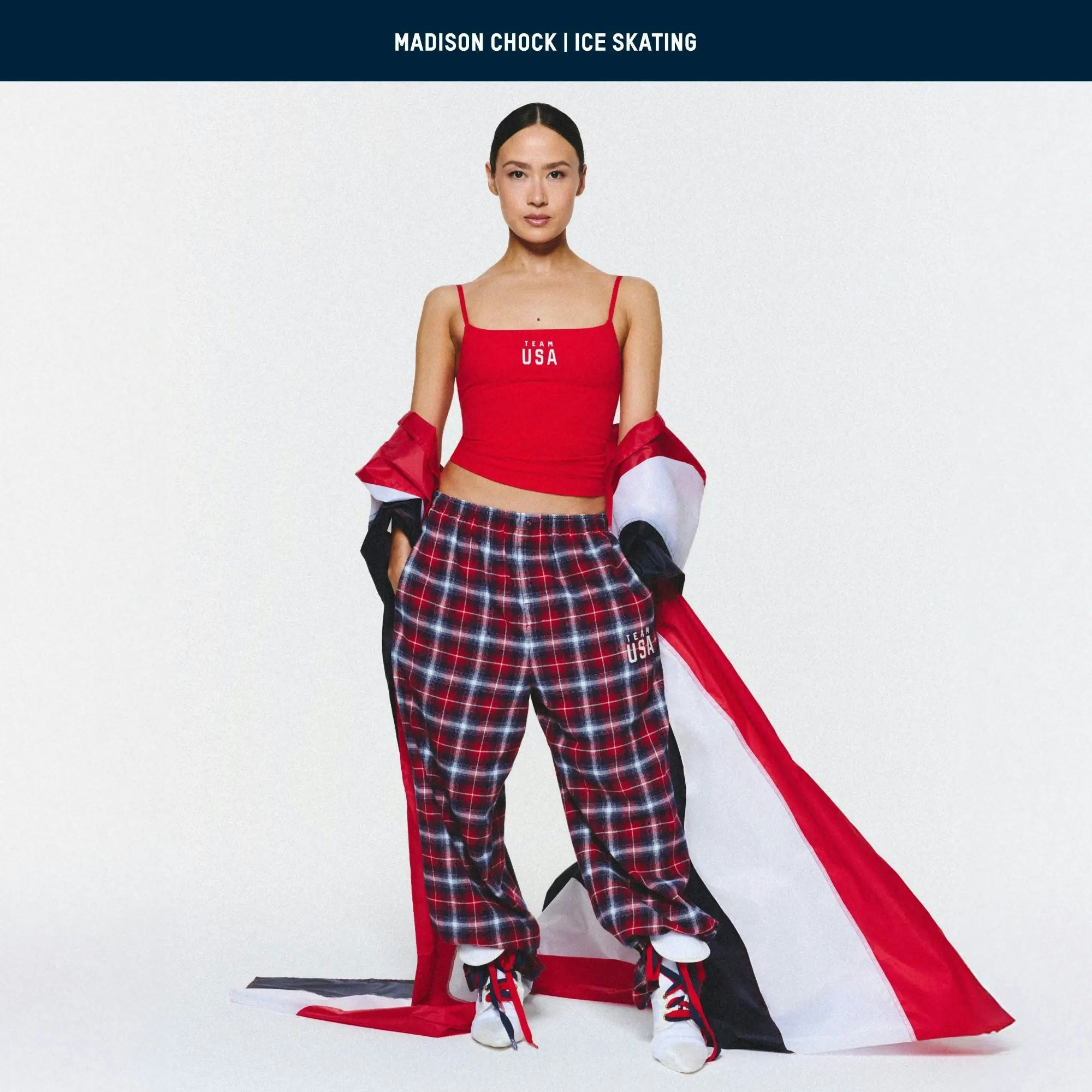 SKIMS FOR TEAM USA FLANNEL SLEEP OLYMPIC PANT | RED PLAID CAMPAIGN IMAGERY @ | FOCUS: 0.0, 1.0, 0.9