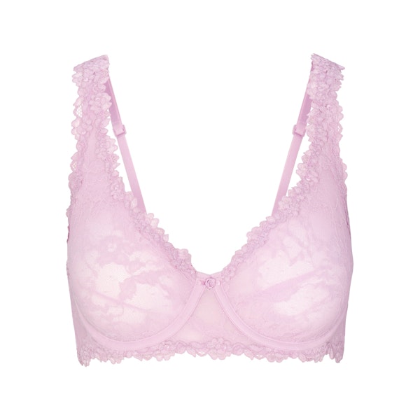 STRETCH LACE UNLINED FULL COVERAGE BRA | BABY PINK FLAT ON A WHITE BACKGROUND | FLT
