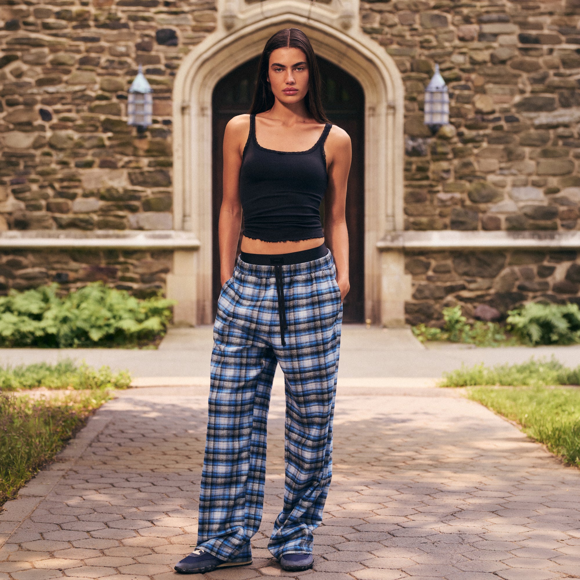 FLANNEL SLEEP OVERSIZED PANT | INDIGO OUTDOOR PLAID ON A MODEL | FOCUS: 0.0, 1.0, 0.9