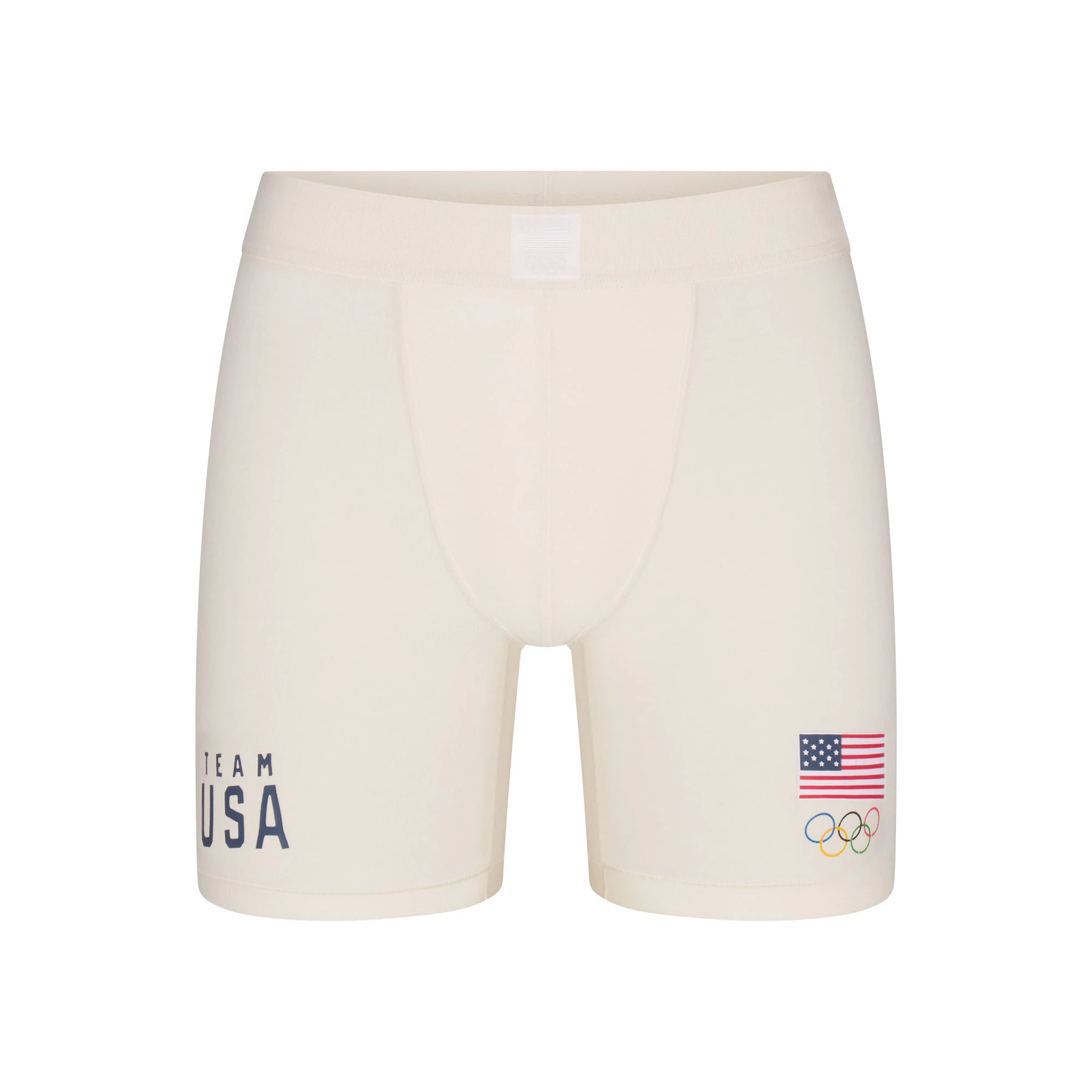 SKIMS FOR TEAM USA SKIMS COTTON MENS OLYMPIC 5" BOXER BRIEF | ECRUFLAT ON A WHITE BACKGROUND | FLT