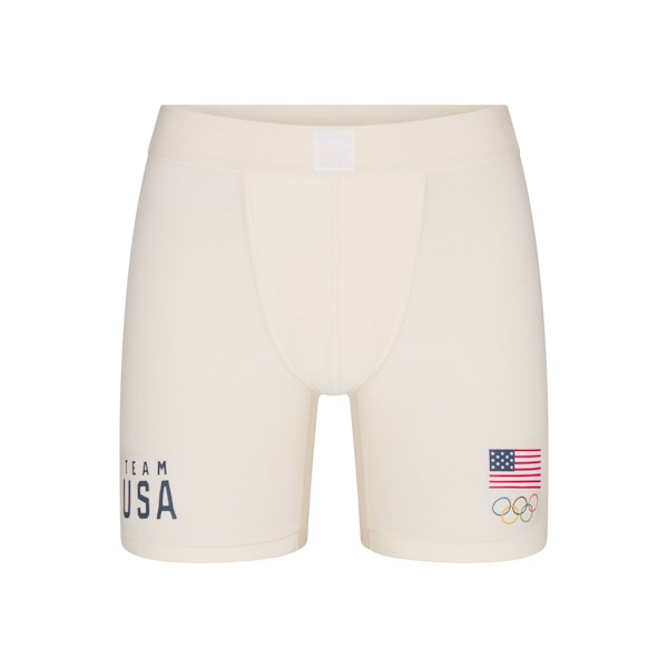 SKIMS FOR TEAM USA SKIMS COTTON MENS OLYMPIC 5" BOXER BRIEF | ECRUFLAT ON A WHITE BACKGROUND | FLT