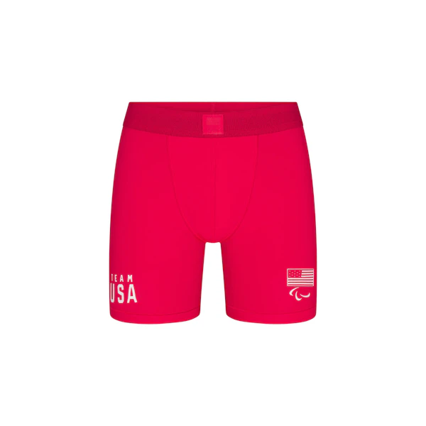 SKIMS FOR TEAM USA SKIMS COTTON MENS PARALYMPIC 5" BOXER BRIEF | RED FLAT ON A WHITE BACKGROUND | FLT @ | FOCUS: 0.0, 1.0, 0.9