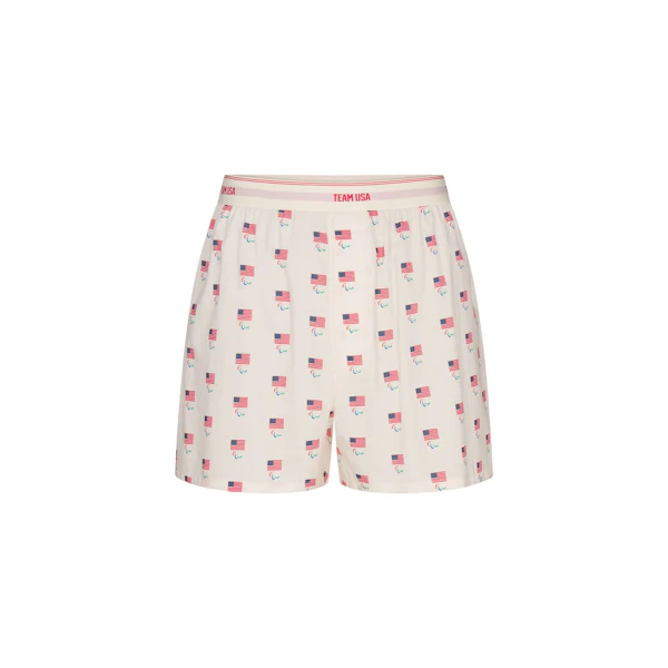 SKIMS FOR TEAM USA COTTON POPLIN MENS PARALYMPIC BOXER | ECRU FLAT ON A WHITE BACKGROUND | FLT @ | FOCUS: 0.0, 1.0, 0.9