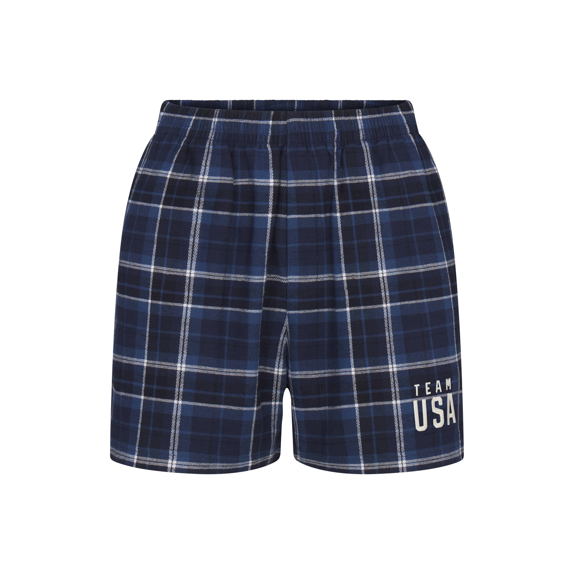 SKIMS FOR TEAM USA FLANNEL SLEEP MENS OLYMPIC SHORT | NAVY PLAIDFLAT ON A WHITE BACKGROUND | FLT