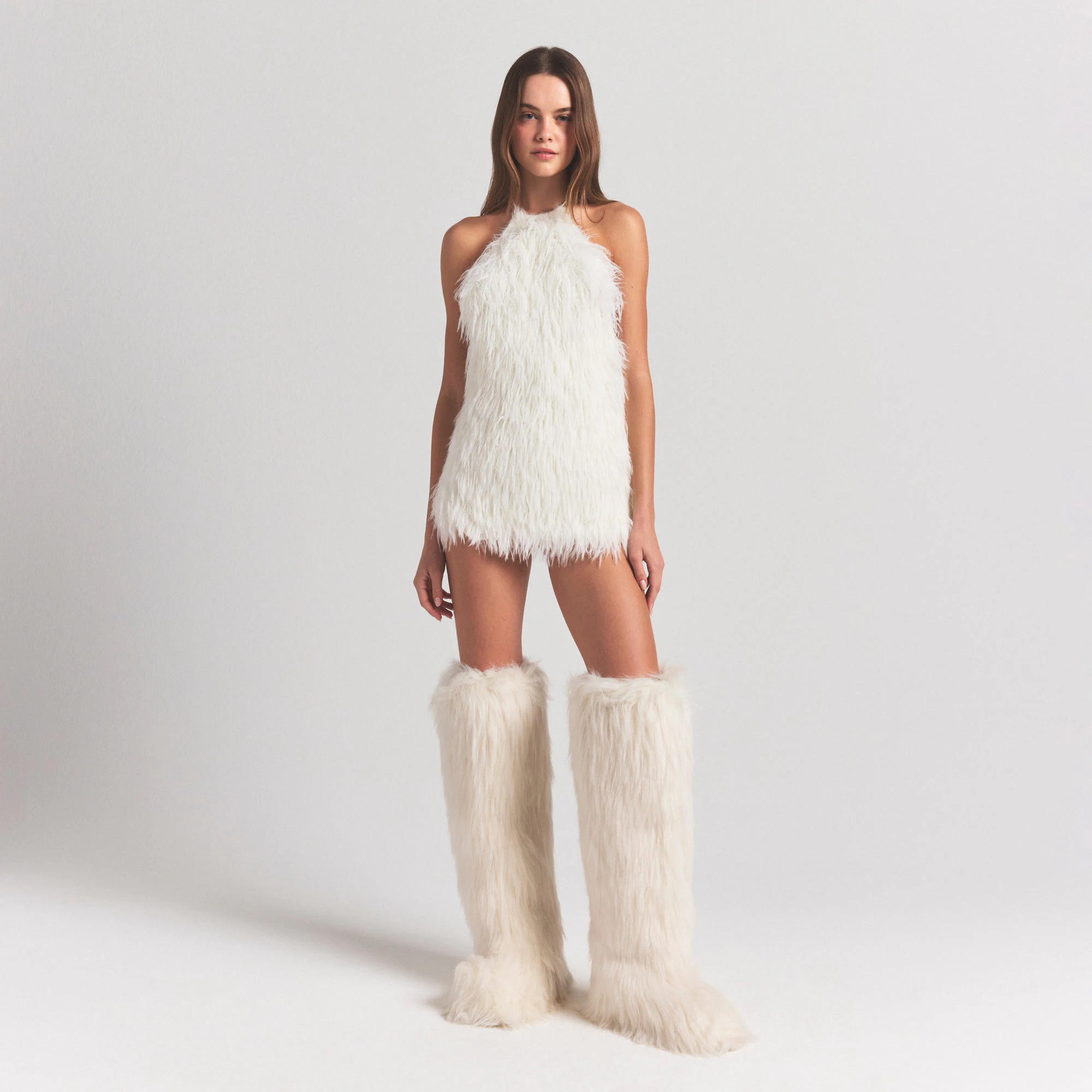 FAUX FUR OVER THE KNEE BOOT | EGRET ON A MODEL FRONT VIEW @ | FOCUS: 0.0, 1.0, 0.9