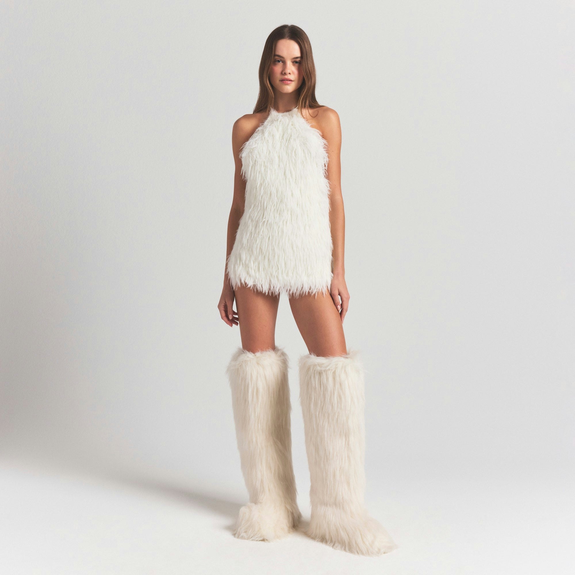 FAUX FUR OVER THE KNEE BOOT | EGRET ON A MODEL FRONT VIEW @ | FOCUS: 0.0, 1.0, 0.9