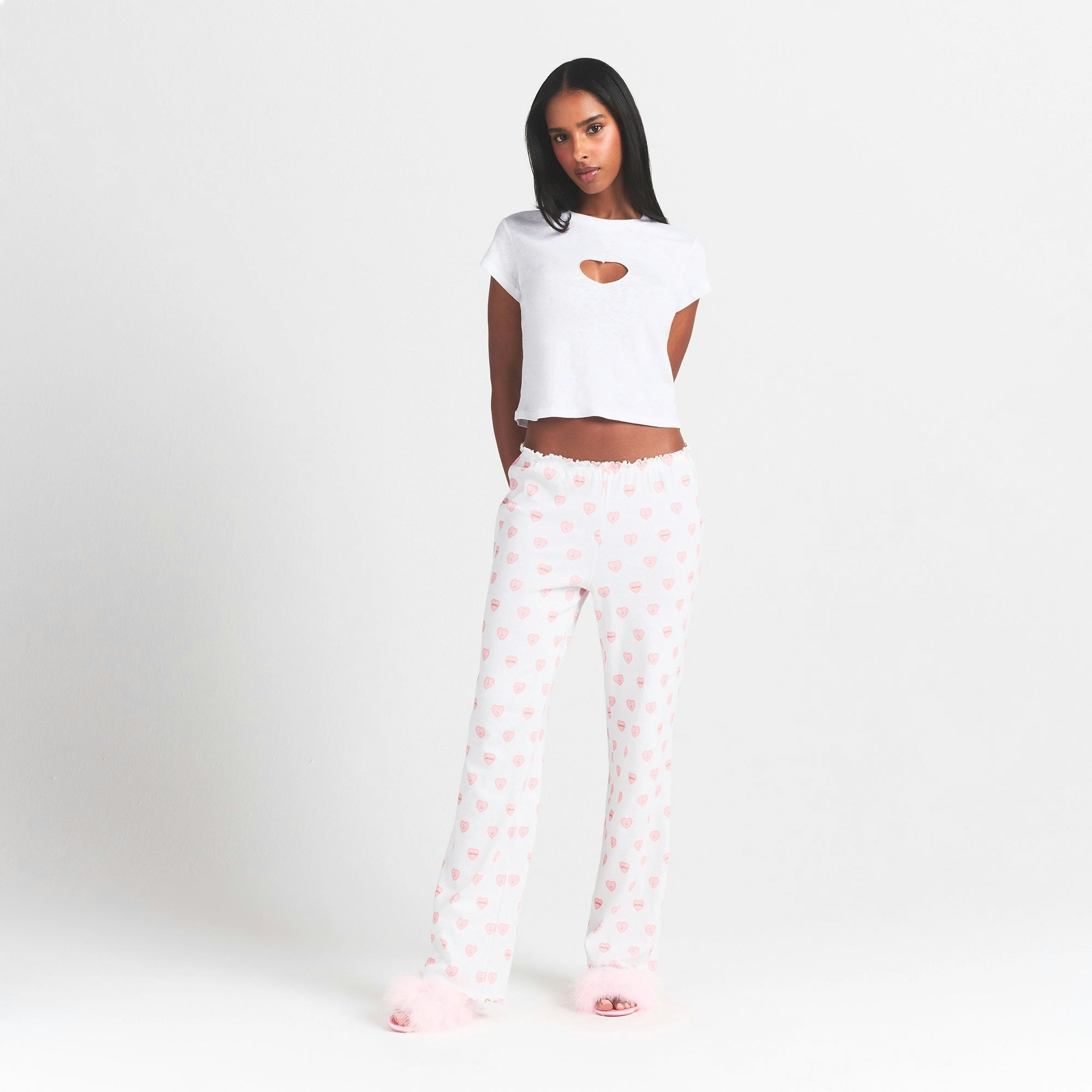 FEATHER KITTEN HEEL | CHERRY BLOSSOM ON A MODEL FRONT VIEW @ | FOCUS: 0.0, 1.0, 0.9