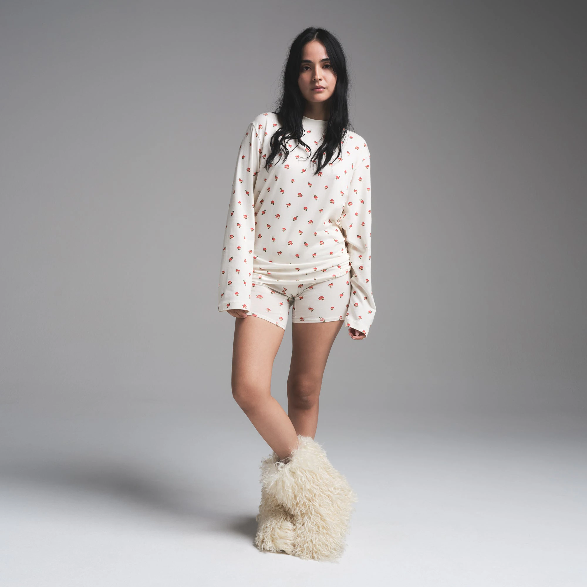 SHAGGY FAUX FUR BOOT | ECRU ON A MODEL FRONT VIEW