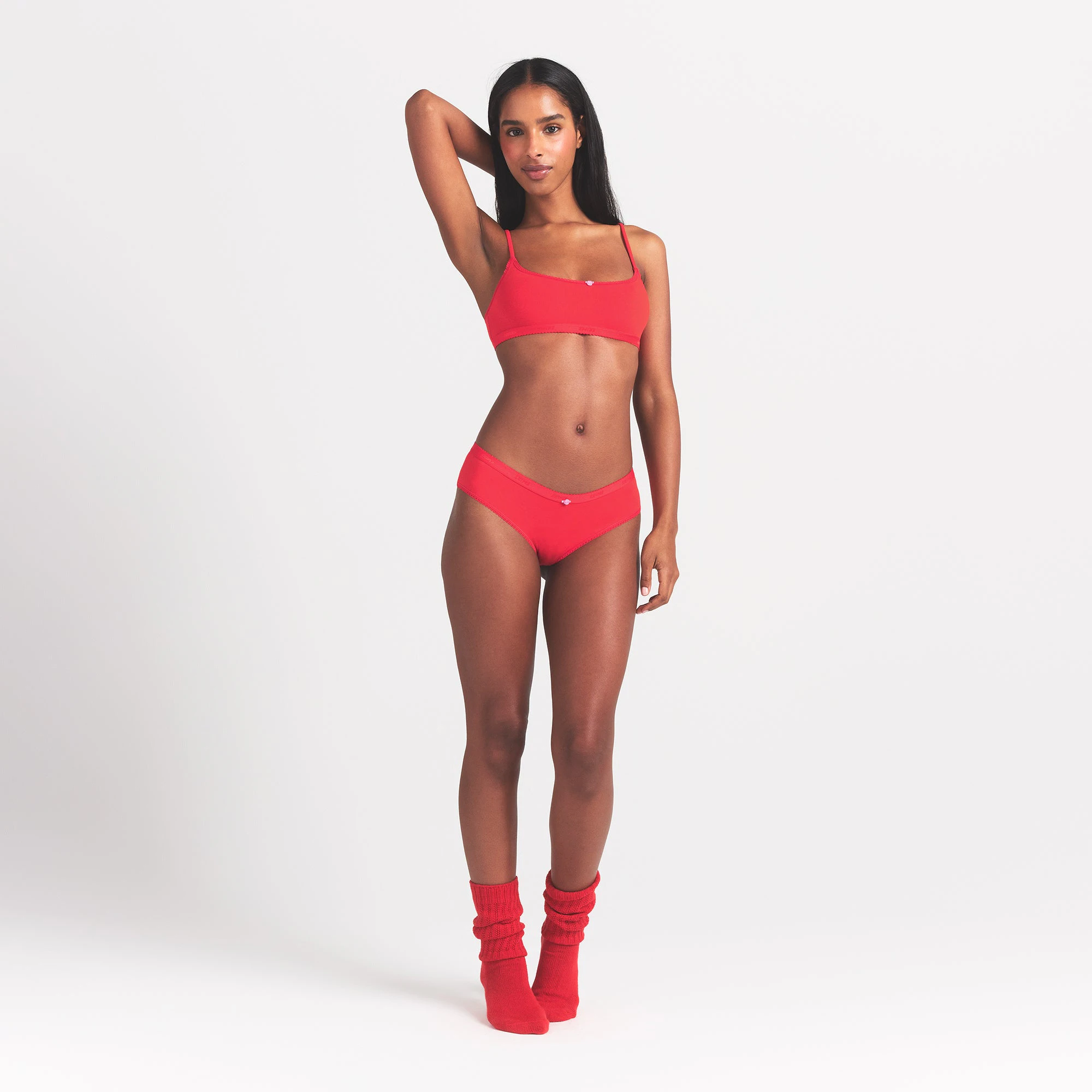 LIGHTWEIGHT COTTON LOGO PICOT HIPSTER | RUBY TONAL ON A MODEL FRONT VIEW @ | FOCUS: 0.0, 1.0, 0.9