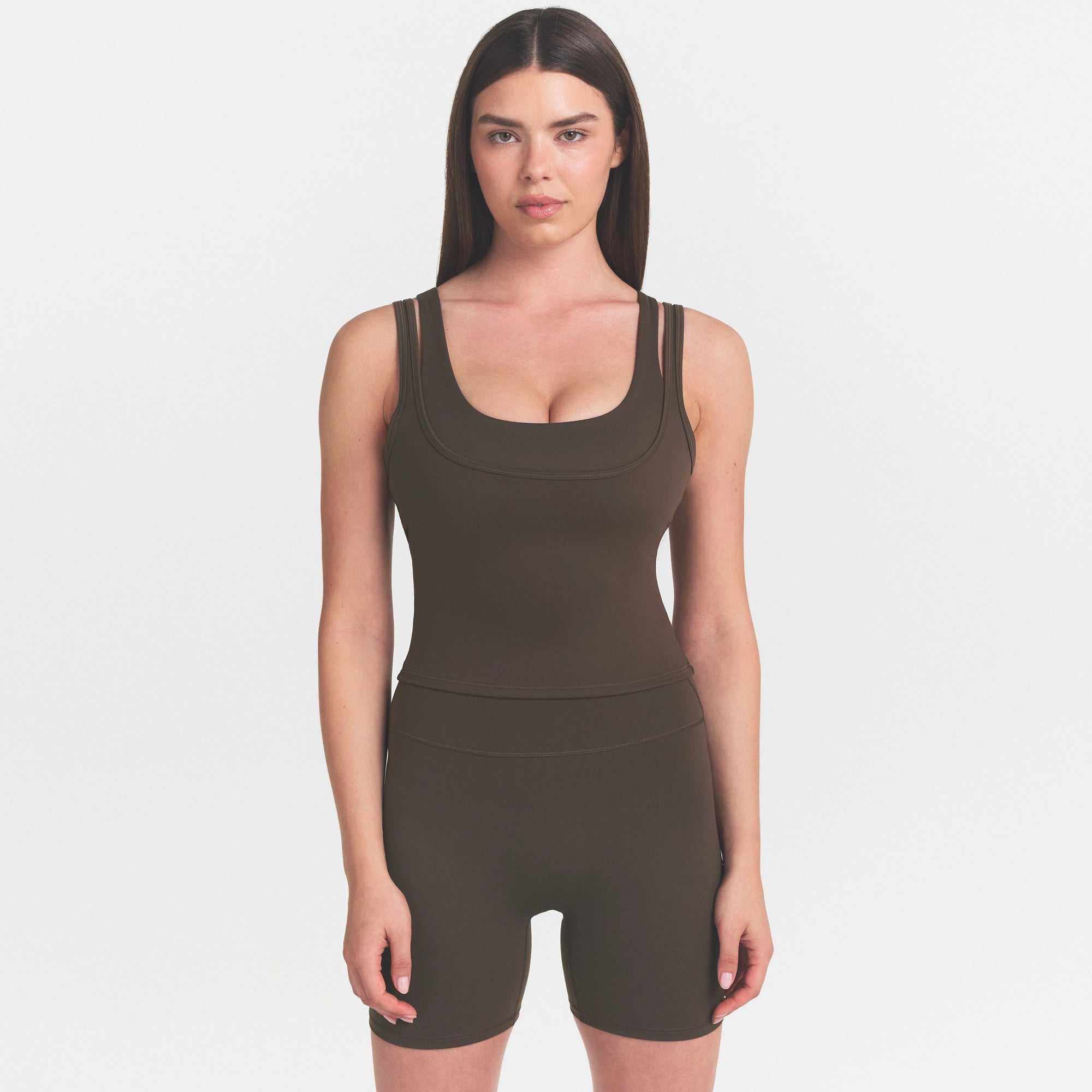 NikeSKIMS MATTE DOUBLE STRAP SCOOP TANK | DARK SEPIA ON A MODEL FRONT VIEW @ | FOCUS: 0.0, 1.0, 0.9
