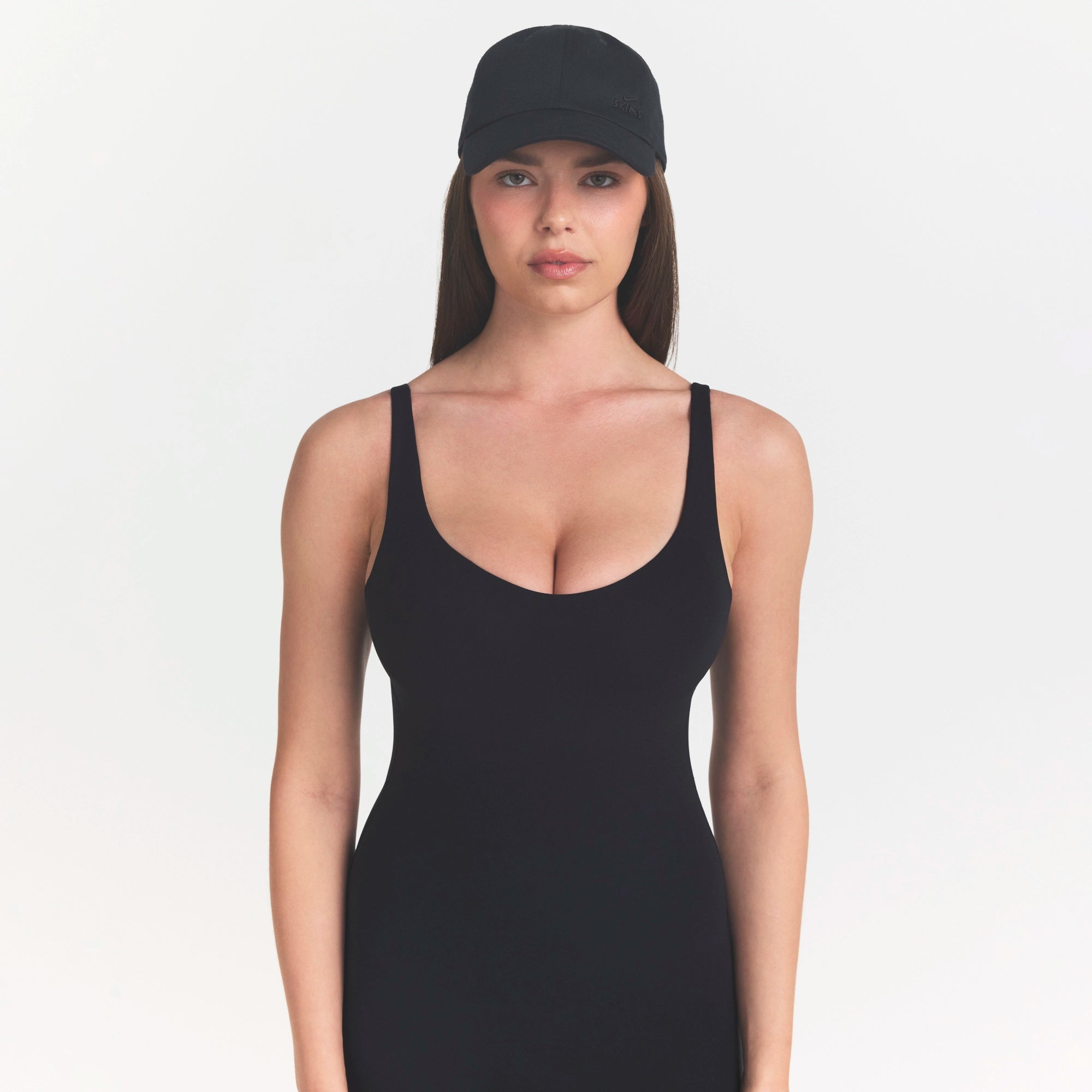 NikeSKIMS STUDIO STRETCH LONG 29" ONE PIECE | OBSIDIANON A MODEL FRONT 