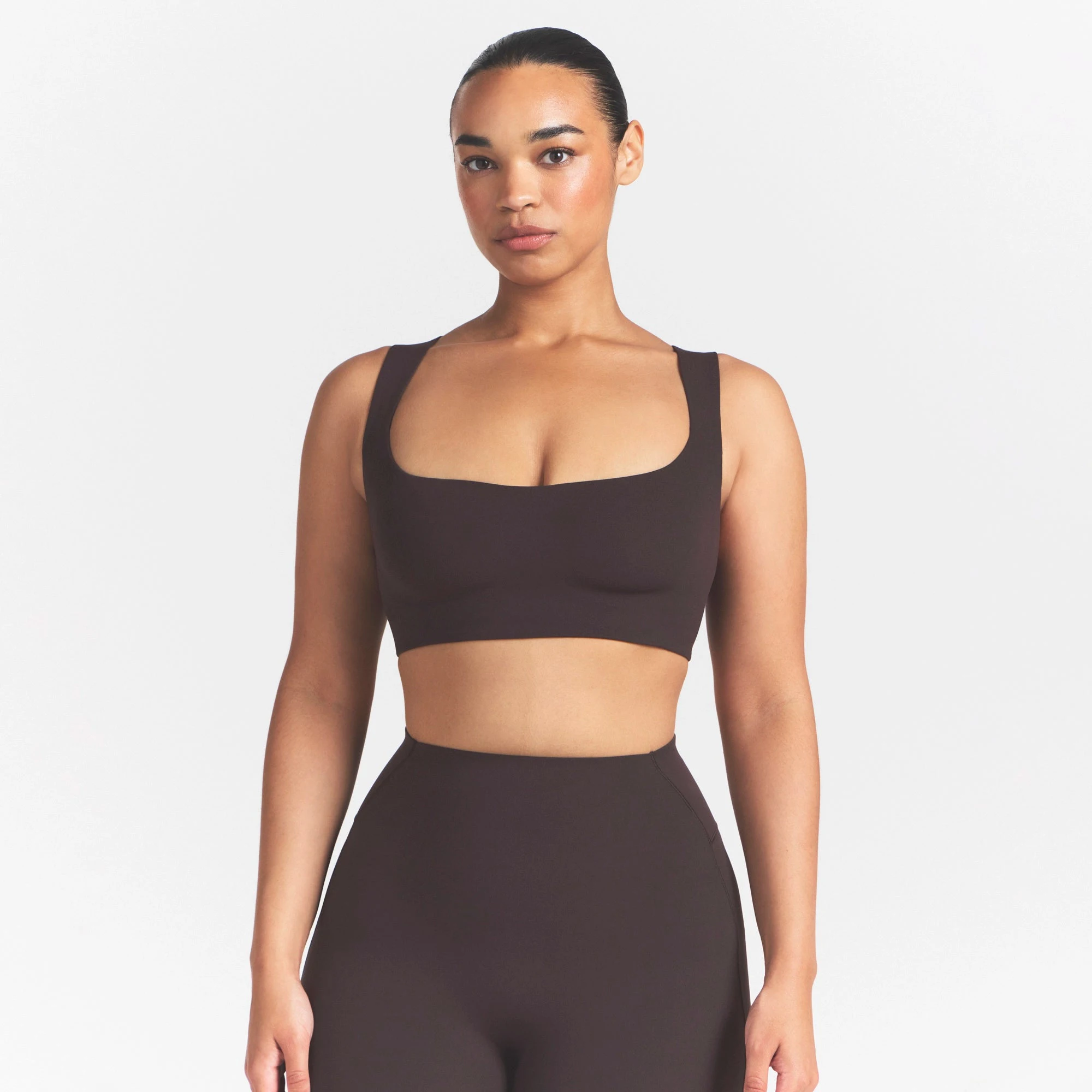 NikeSKIMS STUDIO STRETCH SQUARE NECK RACER BRA | DARK ROASTON A MODEL FRONT